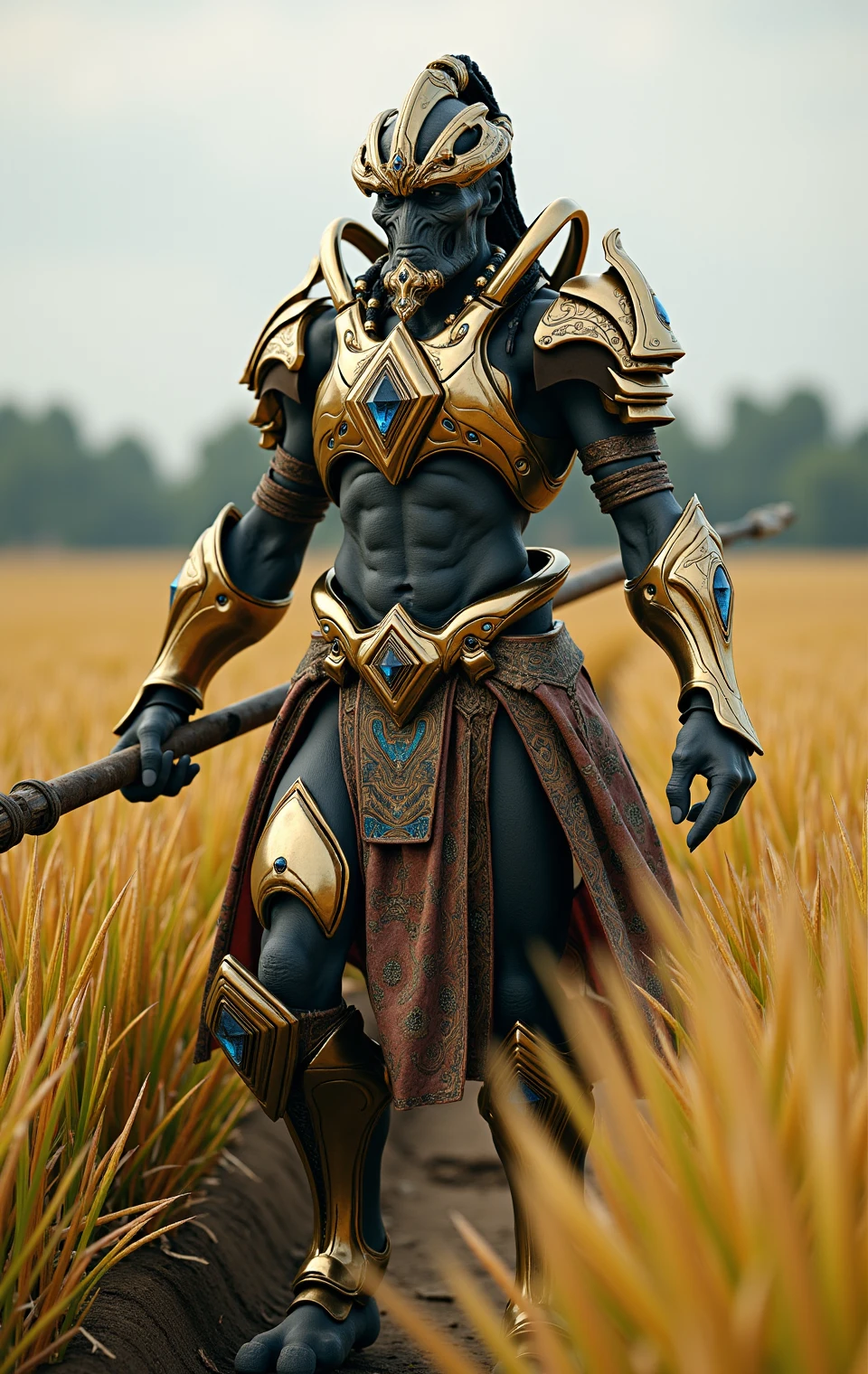 protosszealot,photo of an old farmer working on rice field with ornate high-tech armor,holding a long hoe