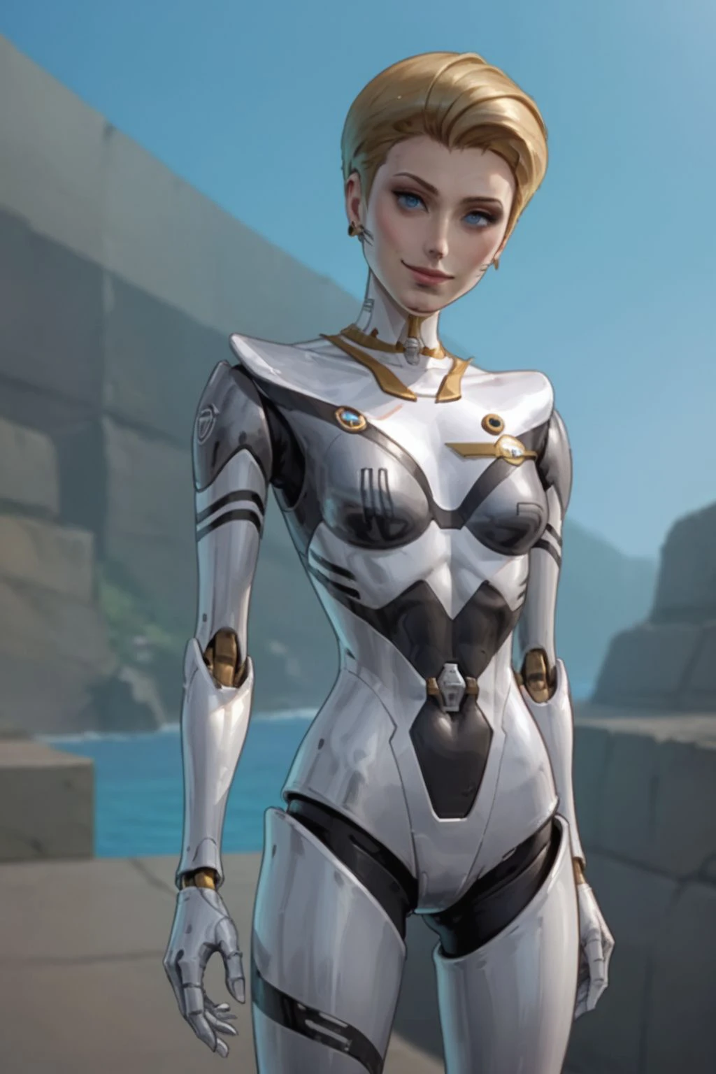 score_9, score_8_up, score_7_up, masterpiece, high quality, highres RAW photo,
solo, maxinereboot, 1girl, robot, made of chrome metal, metal body, metal face, chrome, blonde hair, short hair, blue eyes, <lora:MaxineReBoot_Pony-000009:0.7>
(slender body, petite:1.2), sexy, eye contact, tiny waist, sensual, seductive look, happy, smile, smiling, (sexy pose, standing)
((futuristic, science fiction))