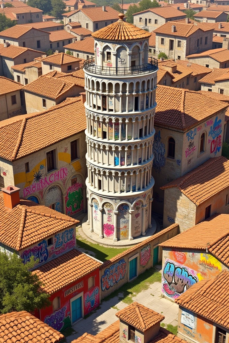 A highly realistic scene of a densely packed Mediterranean-style village with a reimagined Leaning Tower of Pisa at its center. The houses surrounding the tower feature vibrant, colorful graffiti on their walls, ranging from intricate murals to bold street art and abstract designs, each with a unique style. The tower itself remains iconic but is slightly modernized with fresh, vivid graffiti that contrasts with its aged, weathered stone. The roofs of the houses remain natural, with sun-worn terracotta tiles. The graffiti has detailed spray paint effects, making it appear fresh and modern, while the Tower of Pisa retains its historical texture and leaning form. Warm, natural lighting casts soft shadows, highlighting the contrast between the ancient tower and the urban art around it.