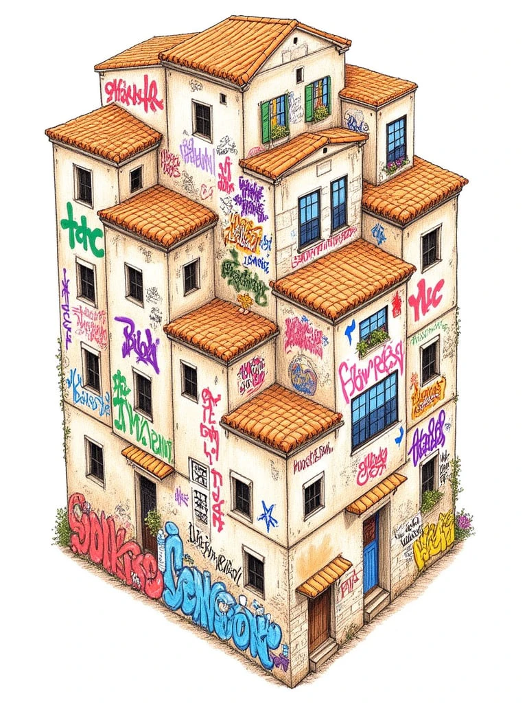 Create a detailed 3D isometric drawing of a Mediterranean-style building with multiple floors and terracotta-tiled roofs. The building's exterior walls are covered in vibrant, colorful graffiti in a variety of styles, including bold tags, intricate murals, and street art. Each section of the wall has a different artistic design, showcasing various graffiti techniques. The walls show some weathering, with a realistic texture of aged plaster, contrasting with the fresh, vivid colors of the graffiti. The windows and doors are simple and rustic, and the warm, natural lighting highlights the overall structure, casting soft shadows to enhance the 3D effect."