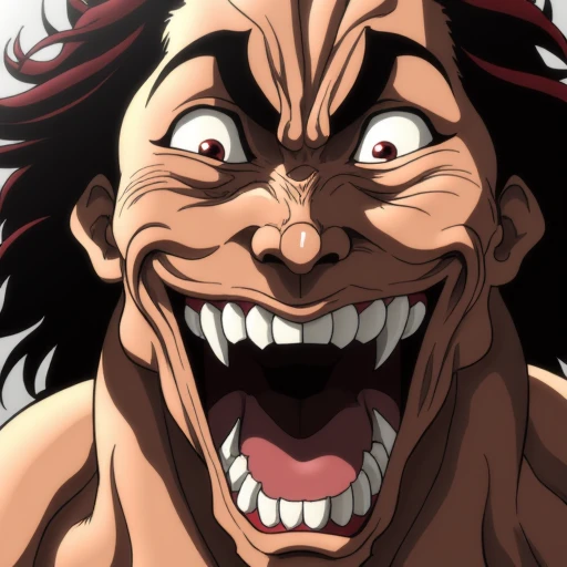 digital drawing in an anime style, depicting a close-up of a grotesque, exaggerated face. The subject is Yujiro Hanma a monstrous creature or a character from a horror or fantasy genre. The face is extremely expressive, with an open mouth displaying rows of sharp, jagged teeth, some of which are pointed and elongated.