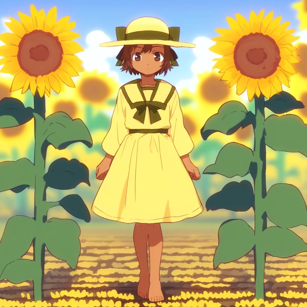 score_8, score_8_up, score_7_up, anime screenshot, source_anime, 1girl, female focus, solo, Razzy_SCS, dark-skinned female, brown hair, short hair, bangs, brown eyes, hat, yellow hat, hat bow, Yellow dress, belted dress, sailor collar, barefoot, full body, standing, field, sunflower, flowers, sunflower field, outdoors, day,