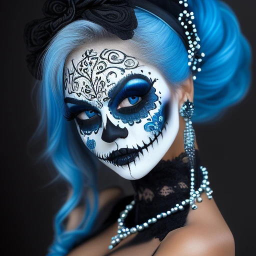 ArsMJStyle, Vibrant Calavera, The image is a close-up portrait of a woman's face and upper body. She has blue hair styled in a dramatic updo with a black headband on top. Her face is painted with intricate sugar skull makeup with white and black designs on the face and black and white lines and swirls. The eyes are painted with blue eyeshadow and black eyeliner and her nose and mouth are painted black. She is wearing a black choker necklace and earrings with silver and blue beads. The background is dark making the makeup stand out even more. The overall mood of the image is dark and eerie., 1girl, solo, blue hair, blue eyes, jewelry, earrings, makeup, looking at viewer, facepaint, portrait