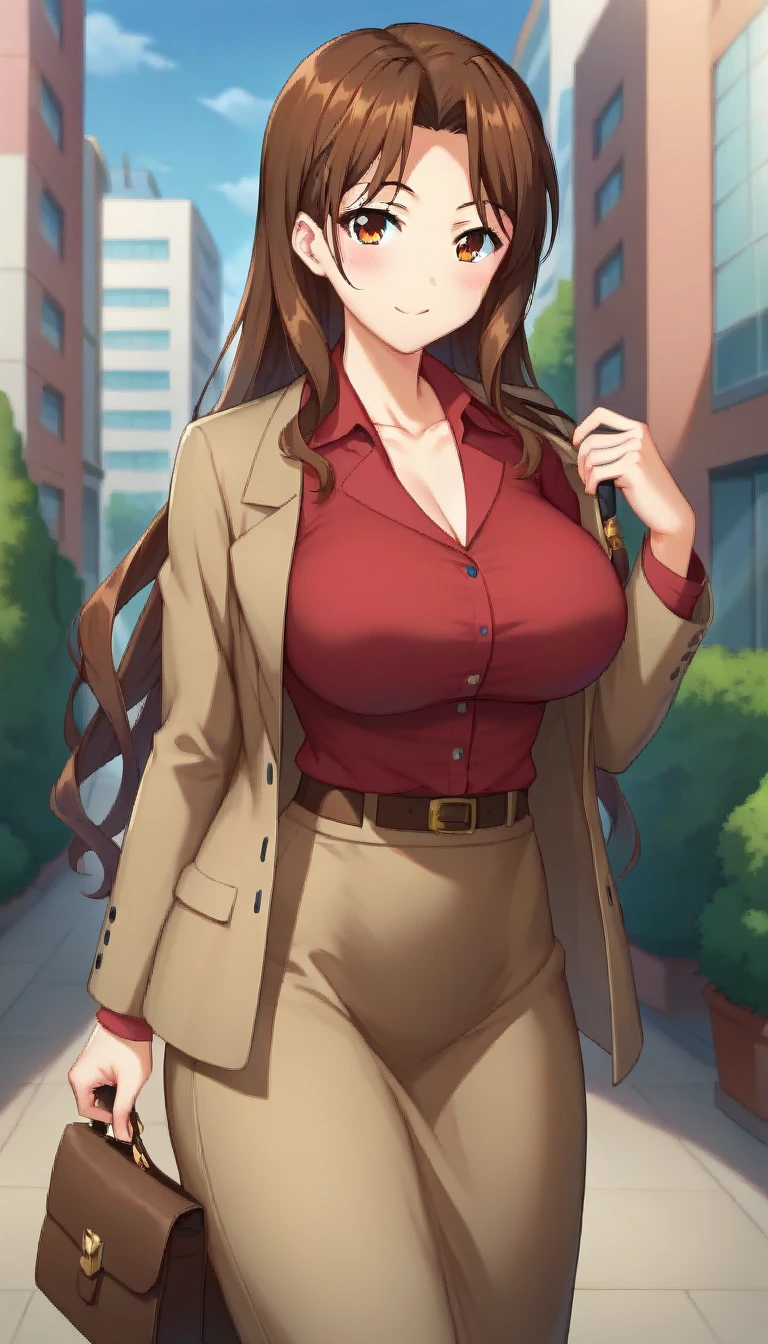 score_9,score_8_up,score_7_up,score_6_up BREAK official art,solo,outdoors,upper body,(portrait:1.5),looking at viewer,facing viewer,smile,blush,Akitsuki Kayoko,brown hair,long hair,sidelocks,parted bangs,brown eyes,collarbone,brown jacket,blazer,red shirt,wing collar,large breasts,long sleeves,skindentation,brown skirt,long skirt,pencil skirt,brown pantyhose,high heels,<lora:Akitsuki Kayoko(oc)-Pony:1.4>,