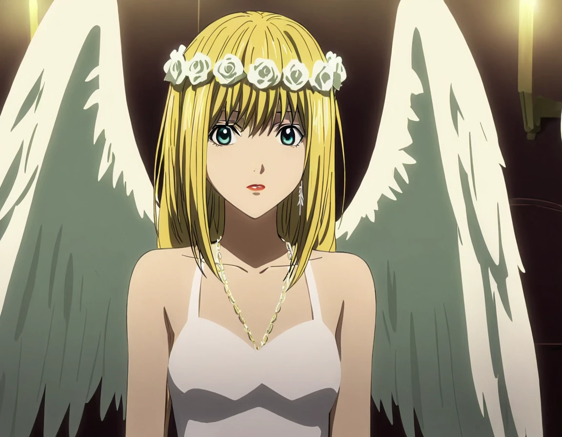 1 girl, misa amane, wearing angel dress, wings, white dress, white flower crown, standing, <lora:perfect-eyes:1>, perfecteyes, <lora:misa_amane-step00006500:1>