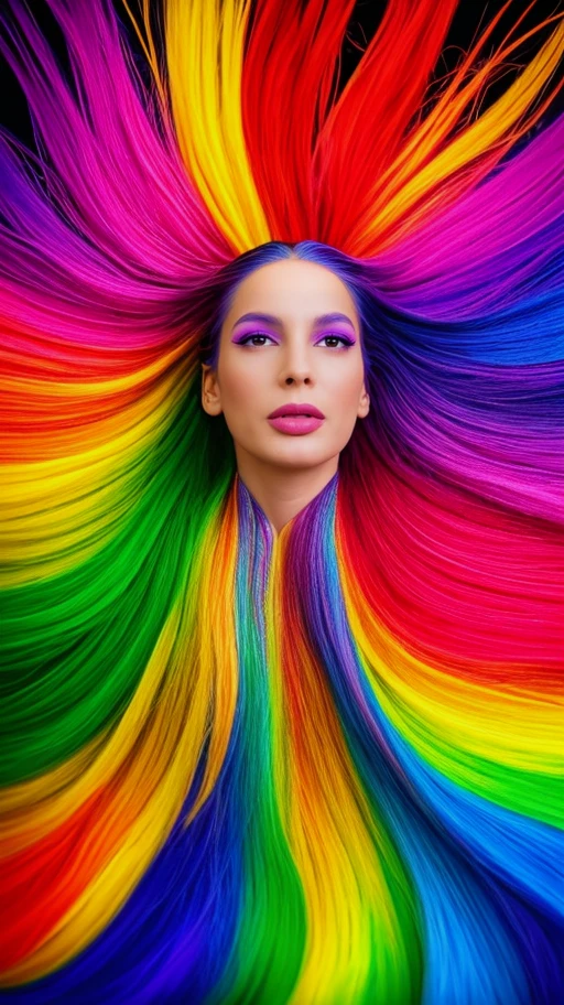 Extreme realism in a complex, highly detailed composition featuring a woman with extremely long flowing rainbow-colored hair. The glowing background, with its vibrant colors, exaggerated details, intricate textures, and dynamic lighting, creates a whimsical, dreamy atmosphere in photorealistic quality., <lora:ariannytenorio_proyect:0.95> (ariannytenorio),