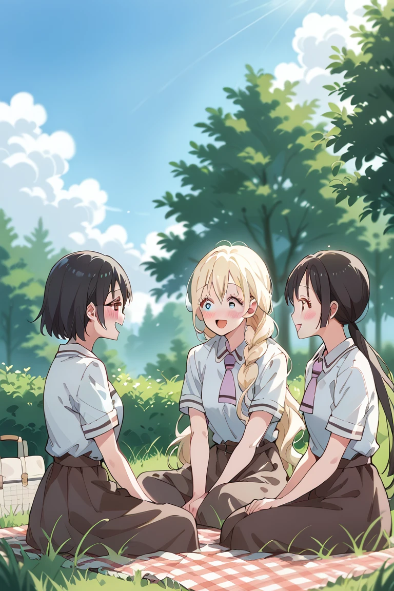 score_9, score_8_up, score_7_up, source_anime, rating_safe, day, natural lighting, triad scene focus, sitting, looking at another, AsobiAsobase, KasumiAA, black_Kasumi_short hair, glasses, blush, 1stgirl, OliviaAA, blonde_Olivia_woman hair, open mouth, 2ndgirl, HanakoAA, black_Hanako_female hair, smiling, 3rdgirl, 3girls, school uniform, tree, picnic, grass, intricately detailed illustration, blurry outdoors