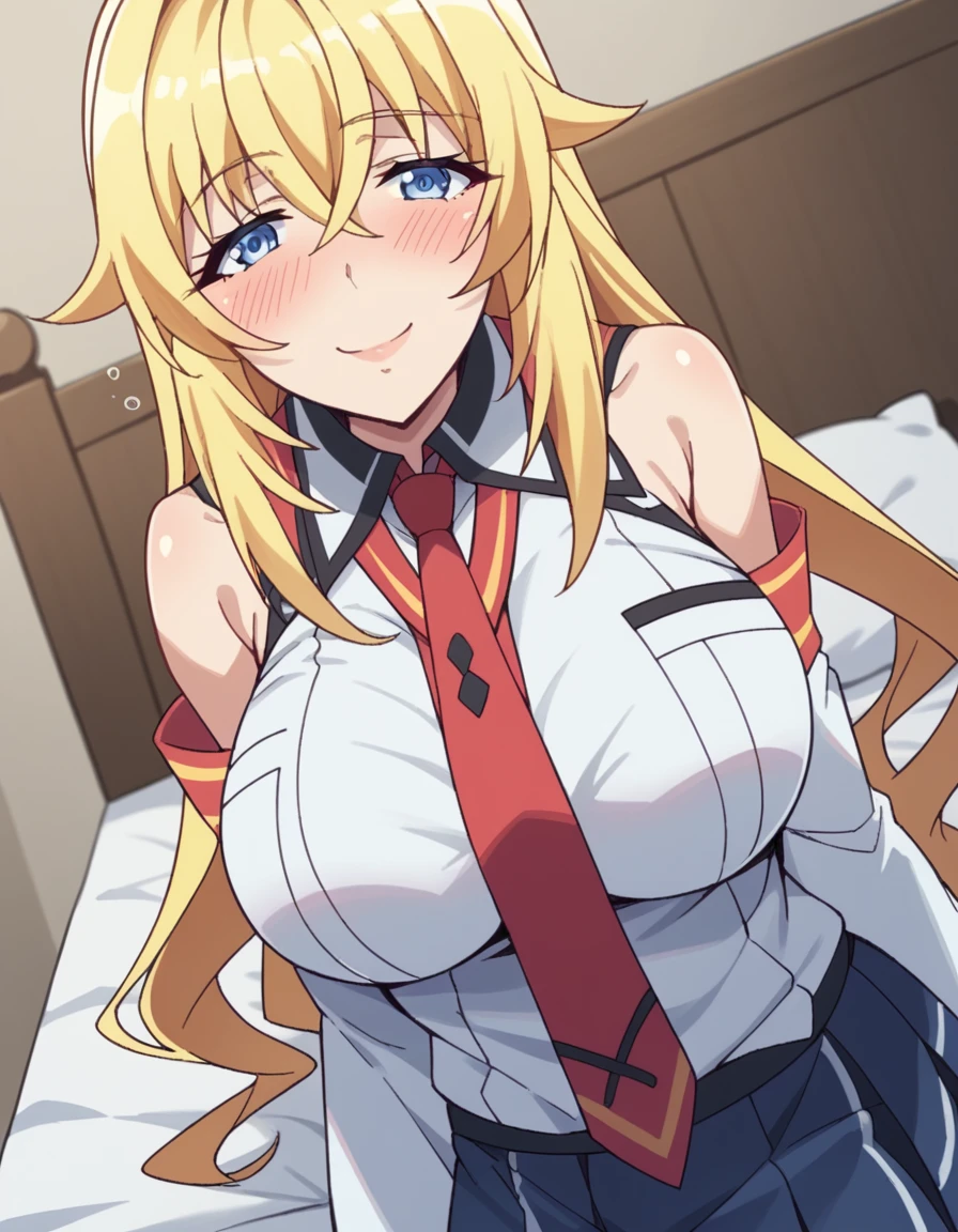 score_9, score_8_up, score_7_up, source_anime, <lora:yurishia-farandole-s1-ponyxl-lora-nochekaiser:1>, yurishia farandole, long hair, blue eyes, blonde hair, hair between eyes, large breasts, skirt, bare shoulders, school uniform, detached sleeves, necktie, uniform, white shirt,, indoors, bed, bed room, on side, blush, drunk,, smile, looking at viewer, from below, solo,, cowboy shot, dutch angle,