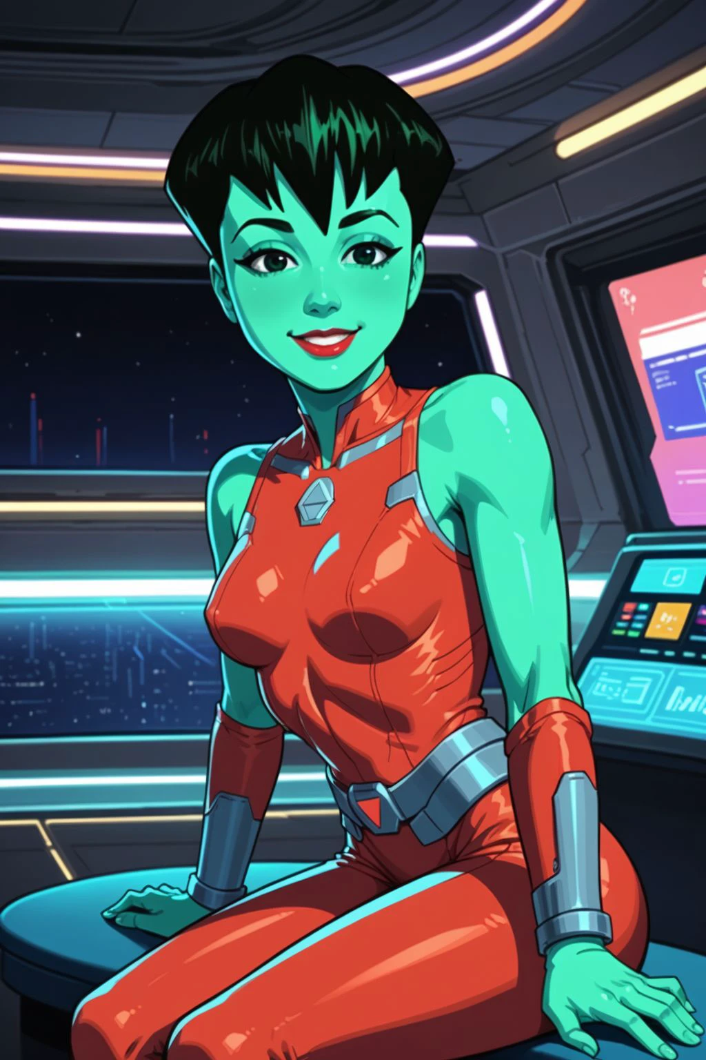 score_9, score_8_up, score_7_up, ((rating_explicit, nsfw)), masterpiece, high quality, highres RAW photo, 
solo, pixelreboot, 1girl, ((beautiful, cute)), black hair, short hair, ((alien, colored skin: 1.8, green skin: 1.8)), lipstick, red and pink jumpsuit, <lora:DotMatrixReBoot_Pony_v2:0.65>
(slender body, petite:1.2), tiny waist, sexy, eye contact, sensual, seductive look, sensual, seductive look, happy, smile, smiling, (sexy pose, sitting, seated)
((futuristic science fiction)) , in a science fiction strip club, indoors