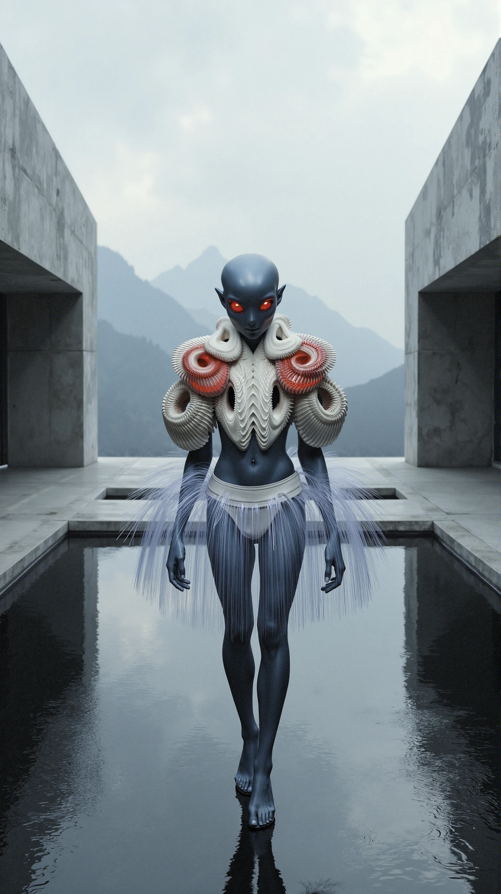 futuristic alien stands in a sprawling, minimalistic architectural courtyard with sharp geometric lines and an expansive view of distant mountains under an overcast sky. The setting exudes a sense of isolation, quiet power, and surreal beauty, where sleek modern buildings frame the scene and the reflective surface of the ground mirrors the moody sky. The alien, with its smooth, translucent skin that glistens under the soft light, is an intriguing figure in this environment—both otherworldly and eerily at home in this advanced, austere setting.

The alien's biomechanical appearance is striking. Its skin, a metallic blue with ribbed textures, almost appears liquid, stretching fluidly over its form. A red, bio-organic augmentation runs along the side of its face, pulsing softly with glowing orbs encased in transparent membranes. Its glowing red eyes add a sense of predatory awareness, contrasting sharply with its sleek, graceful movements. The alien's overall look speaks of a race that has seamlessly integrated technology into their biology, making them both creatures of nature and high-tech innovation.

It is wearing a stunning avant-garde outfit, an intricate fusion of art and fashion. The top is a sculptural masterpiece made from pleated, white, and bone-like structures that swirl around the alien’s torso in circular patterns. These elegant, architectural forms mimic the flowing organic lines of the alien’s skin while adding an element of surreal high fashion. The lower half of the outfit includes a voluminous skirt-like structure made from sheer, white fibers, radiating outward in soft, glowing strands that sway with the alien’s movements, adding a sense of ethereal motion to the otherwise geometric surroundings.

Setting and Atmosphere:

The alien stands in the center of a vast, futuristic courtyard, surrounded by sharp, angular modernist buildings. The architecture is minimalist, with long, rectangular pools of water reflecting the moody sky above. The dark, reflective surfaces of the water create the illusion of endless depth, while the cool, muted colors of the sky and surrounding mountains add to the somber, contemplative atmosphere.

The background consists of two symmetrical, concrete buildings with clean lines and large, overhanging roofs, creating a stark contrast against the organic, flowing nature of the alien’s attire. The alien’s red bioluminescent orbs cast faint reflections onto the reflective surfaces around it, adding warmth and contrast to the otherwise monochromatic scene. The figure seems to float effortlessly, its futuristic clothing moving with the breeze in tandem with the flowing lines of the water and architecture.

In this setting, the alien appears both futuristic and timeless, an elegant being that transcends boundaries of biology, technology, and fashion. Its presence feels at once imposing and serene, a powerful fusion of advanced evolution and artistic expression, set against a backdrop of minimalism and quiet, reflective beauty. The entire scene evokes a sense of mystery and advanced civilization, as if this being and its environment are part of a world where the line between art, architecture, and life has long since blurred.