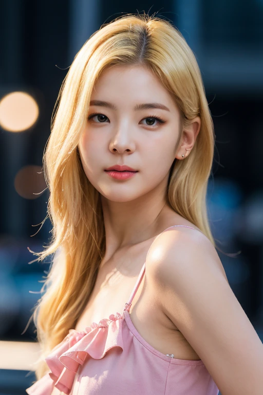 masterpiece, best quality, ultra-detailed, ultra high res, (photorealistic:1.4), raw photo, (realistic:0.2), 8k HDR, realistic lighting, 1girl, solo, (asian:0.2), asymmetrical platinum blonde hair, outdoor, night, (simple background:1.4), bokeh, (detailed lips), (detailed pores), (detailed skin textures), (detailed face:1.2), (upper body:1.2), a woman in a sundress with frills, promotional image, a character portrait,