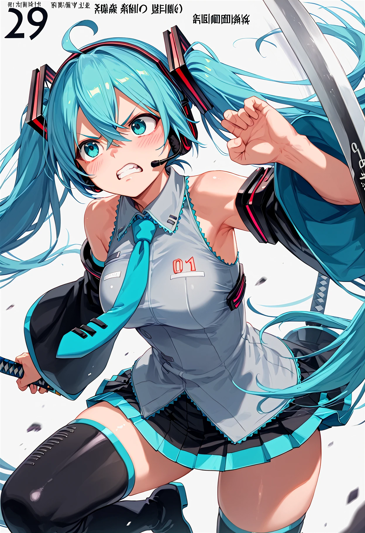 score_9, score_8_up, score_7_up, score_6_up, score_5_up, score_4_up,
<lora:QB_Battle_V1:0.9>1 girl, (cowboy shot) , simple background, white background, Number TEXT, Chines, Chinese text, Japanese text,
(attack, angry, v-shaped eyebrows, blush, Swinging a weapon, attacking) ,
((from behind,, looking up,, upper body,,))
Armor, shoulder pads, shoulder shields,
Large katana, Huge nodachi, axe , sword ,
mikuhatsune,miku hatsune, ahoge, aqua eyes, aqua hair, crossed bangs, hair between eyes, hair ornament, headphones, long hair, twintails, mature female,
aqua necktie, black footwear, black skirt, black sleeves, boots, collared shirt, detached sleeves, grey shirt, necktie, pleated skirt, shirt, skirt, sleeveless, sleeveless shirt, thigh boots, tie clip,