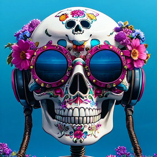 <lora:Vibrant_CalaveraSD1:1> ArsMJStyle, Vibrant Calavera, The image is a digital art piece that features a skull with a pair of pink sunglasses on its head. The skull is decorated with intricate patterns and designs in a variety of colors including pink blue yellow and green. The sunglasses have a round frame and are surrounded by pink and purple flowers. The background is a deep blue color and the skull is standing on a wire-like structure. The overall style of the image is reminiscent of the Day of the Dead or Dia de los Muertos celebration., flower, no humans, teeth, blue background, colorful, purple flower, pink flower, solo