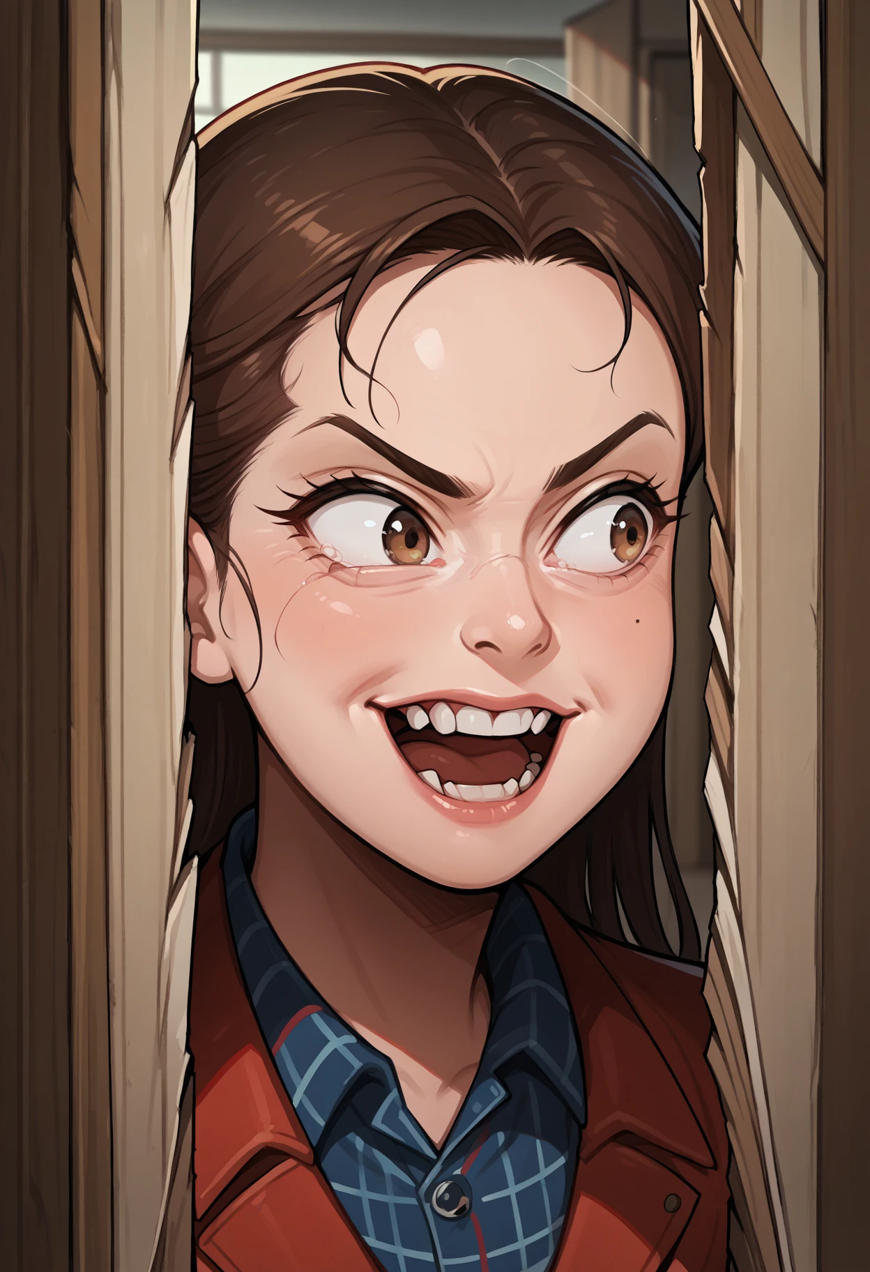 score_9, score_8_up,score_7_up, source_anime, 1girl, solo, hrsjhy,  open mouth, clenched teeth, evil grin, broken door, door
brown eyes,  brown hair, looking to the side, portrait, teeth, collared shirt, red jacket, plaid shirt,
<lora:hrsjhy_pdxl_EliPot:1>