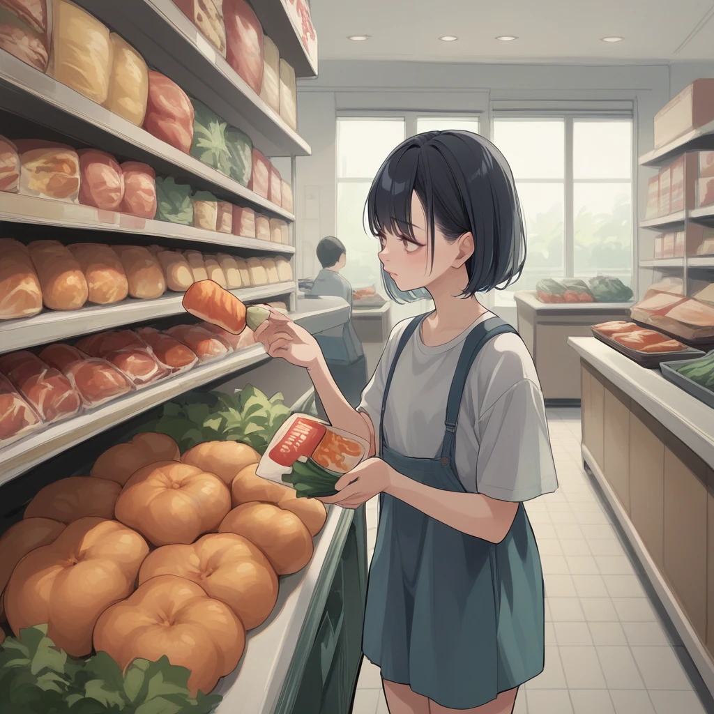 score_9, score_8_up, score_7_up, score_6_up, score_5_up, score_4_up, zPDXL2,source_anime,rating_questionable <lora:Supermarket:0.8> sup3rmark3t, indoors, food, groceries