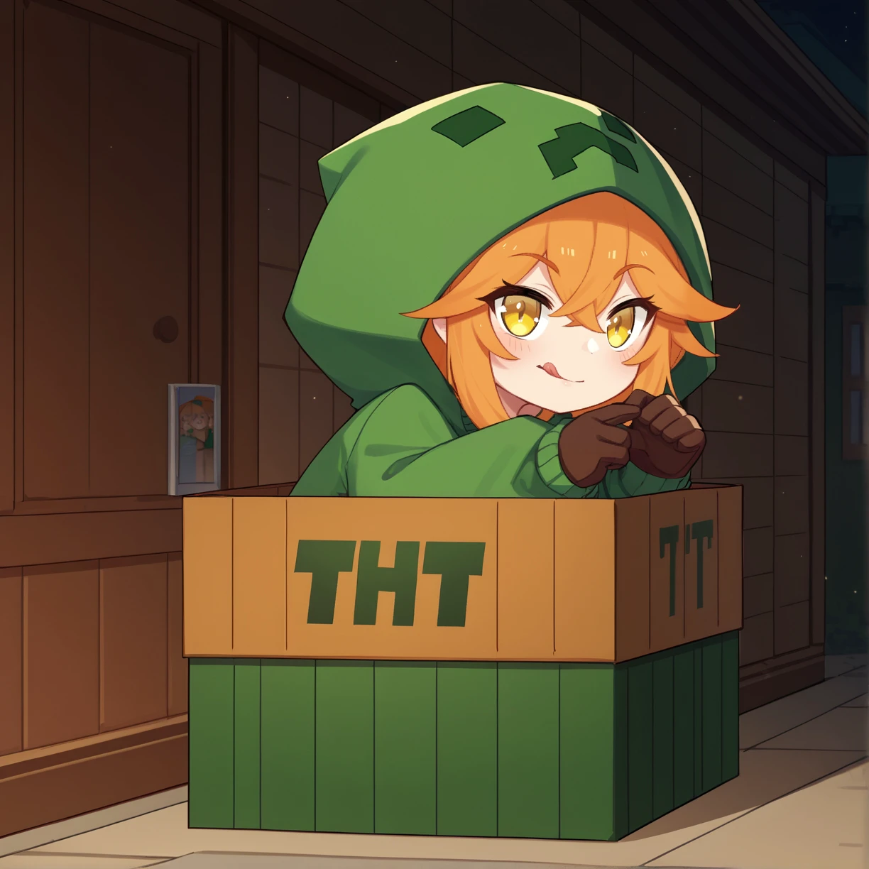 b0xe,in box,chibi,cardboard box, 
tongue out, hiding
score_9, score_7_up,
sitting, mtcupa, orange hair, yellow eyes, green hoodie, hood, long sleeves, brown gloves, green thighhighs, door, dark background, outdoors <lora:mobtalker_creeper_ponyXL:1>
 <lora:chibi_box_b0xe_v2.1:0.8>