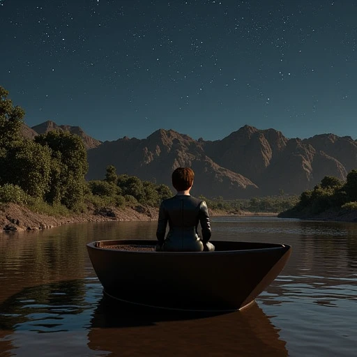 chocoslime, chocolate, woman sitting in a brown boat on a river, beautiful night sky, solo, wearing a black knight suit, adult, short hair, brunette, realistic, masterpiece, 4k, trending on artstation, oustanding art, high details, brown scenery