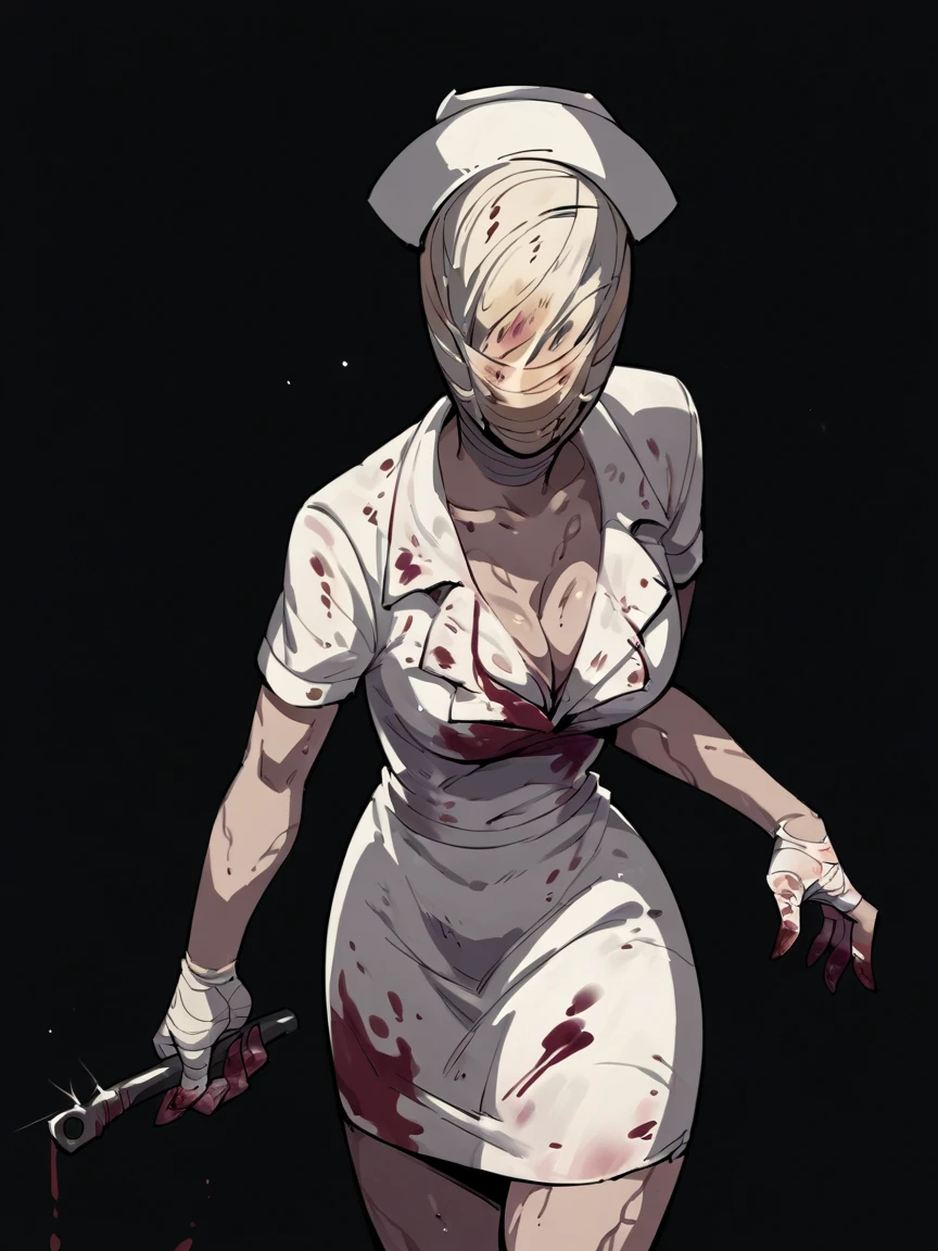 score_9, score_8_up, score_7_up, score_6_up, score_5_up,  <lora:bubbleheadnurseXLP:1> bubble head nurse, 1girl, solo, nurse, nurse cap, bandage mask, dark, black background, blood on clothes, curvy, dirty,