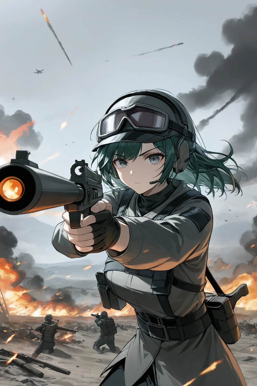 1girl, solo, holding gun, battlefield, smoke, shooting, aiming with one eye, <lora:Ela_Arknights-000020:1>, ailaaa,, masterpiece, best quality,