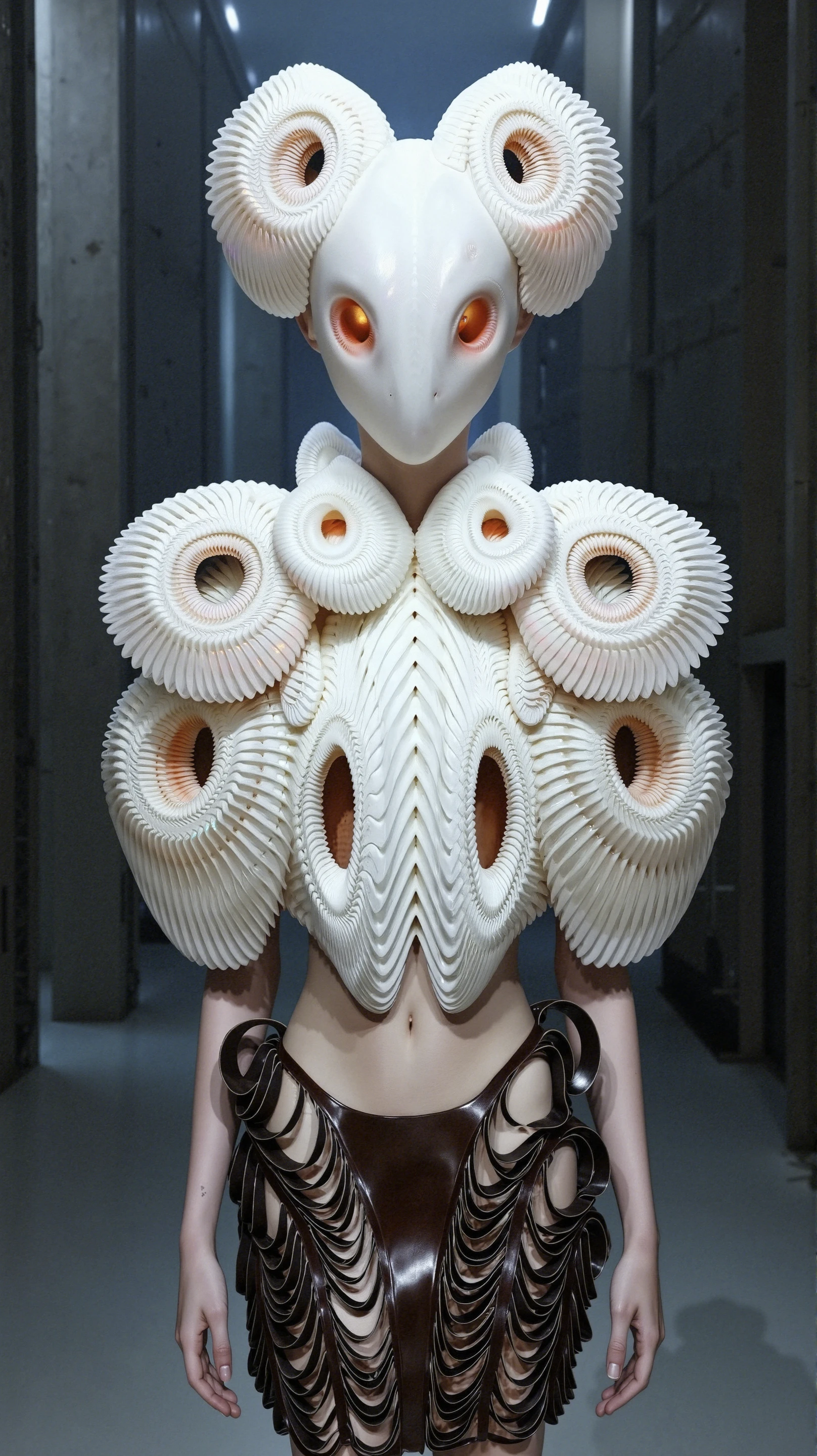 The alien figure stands tall, commanding attention with its otherworldly, yet elegant appearance. Its skin is a smooth, porcelain-like white, with a subtle pearlescent sheen that reflects the soft, ambient light. Faint freckles, almost copper in color, are scattered across its high cheekbones and bridge of the nose, adding an unexpected touch of organic life to its otherwise synthetic and immaculate appearance. The alien’s eyes are large, almond-shaped, and intensely dark, reflecting a deep intelligence and a mysterious, almost serene presence. The eyes are slightly reflective, giving the impression of heightened perception or advanced cognitive abilities.

The facial structure is delicate and refined, with sharp cheekbones, a slender nose, and full, pale lips that are almost devoid of color. Thin lines of intricate, metallic-like markings trace the surface of its face, following the natural contours of its bone structure, perhaps hinting at advanced bio-engineering or technological augmentation. These subtle engravings shimmer slightly, suggesting an integrated connection between the alien’s biological form and an advanced technology embedded within its body.

Its neck is long and slender, seamlessly transitioning into an elegant, exoskeleton-like armor that blends form and function. The armor is similar to the one worn by a high-fashion model, but here, it appears almost like a part of the alien’s body, as if grown rather than crafted.

Wearing the Avant-Garde Outfit:

The alien is adorned in the same avant-garde, sculptural outfit, but on its figure, the clothes take on an almost biomechanical quality, appearing like an extension of its own form. The white, pleated top clings perfectly to its slender torso, with the ribbed, shell-like structures wrapping around its shoulders and upper arms. The intricate design, with its cutouts and layered pleats, enhances the alien's elongated and graceful physique. The armor-like shoulders, made of circular ridges, seem to meld with the alien's naturally pale skin, creating the impression that this garment was not merely worn but grown from the alien’s body. The ridged textures ripple with movement, adding an organic quality to the otherwise structured garment.

The skirt, made of swirling brown leather, clings to the alien’s narrow waist and hips, its flowing, ribbon-like layers creating a sense of movement even in stillness. The reflective sheen of the brown leather contrasts beautifully against the alien's stark white skin, emphasizing its athletic yet graceful frame. The open slits in the skirt reveal glimpses of its pale legs, but instead of purely human-like skin, these sections expose faint, metallic-like filaments embedded beneath the surface, reinforcing the idea that this being is a perfect hybrid of the organic and the mechanical.

Background:

The alien is placed in the same futuristic, industrial landscape as before, standing within the towering concrete walls of a dystopian sci-fi structure. The dark, angular architecture of the environment emphasizes the alien’s ethereal elegance. The harsh, metallic surroundings further contrast with the softness of the alien's porcelain skin and the intricate design of the avant-garde fashion it wears.

Soft, diffused light streams in from high above, casting long shadows and illuminating the intricate details of both the alien’s form and the organic-meets-sculptural outfit. The interplay of light and shadow on the alien's biomechanical skin and the reflective leather of the skirt adds depth to the scene, while the towering architecture behind it emphasizes the alien's stature and uniqueness in this otherworldly yet familiar space.

The alien seems to blend into this world, as if it belongs here, in a future where high fashion and advanced technology merge into one. Its intelligent, calm expression adds a sense of serenity to the dramatic setting, making it seem not only a creature of power but also of grace and wisdom, perfectly suited for a sci-fi narrative where art, fashion, and evolution have fused together into a breathtaking vision of the future.