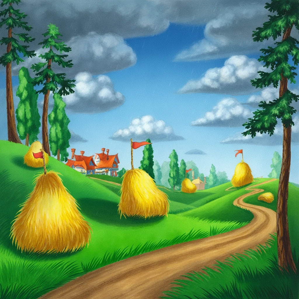 The PIVIG image style. This is a vibrant, whimsical, digital illustration depicting a fantastical, idyllic countryside scene. The image features a lush, green landscape with rolling hills and a winding dirt path cutting through the center, leading the viewer's eye towards the horizon. The foreground is dominated by several large, golden haystacks, each topped with a small, pointed roof and a flagpole bearing a flag, adding a whimsical touch. The haystacks are placed irregularly across the scene, some near the path and others in the distance.

Tall, slender trees with lush green foliage line the left side of the image, with a particularly tall tree standing out on the left, its branches stretching towards the sky. The sky above is a gradient of blue, transitioning from a deep azure near the horizon to a lighter shade at the top, filled with fluffy, dramatic, dark grey and white clouds. Rain is falling from the clouds, creating a sense of movement and depth.

In the background, a charming, colorful village with red-roofed buildings and chimneys is nestled on a hill, surrounded by more greenery. The village architecture is detailed with steeply pitched roofs and chimneys, giving it a quaint, storybook appearance.