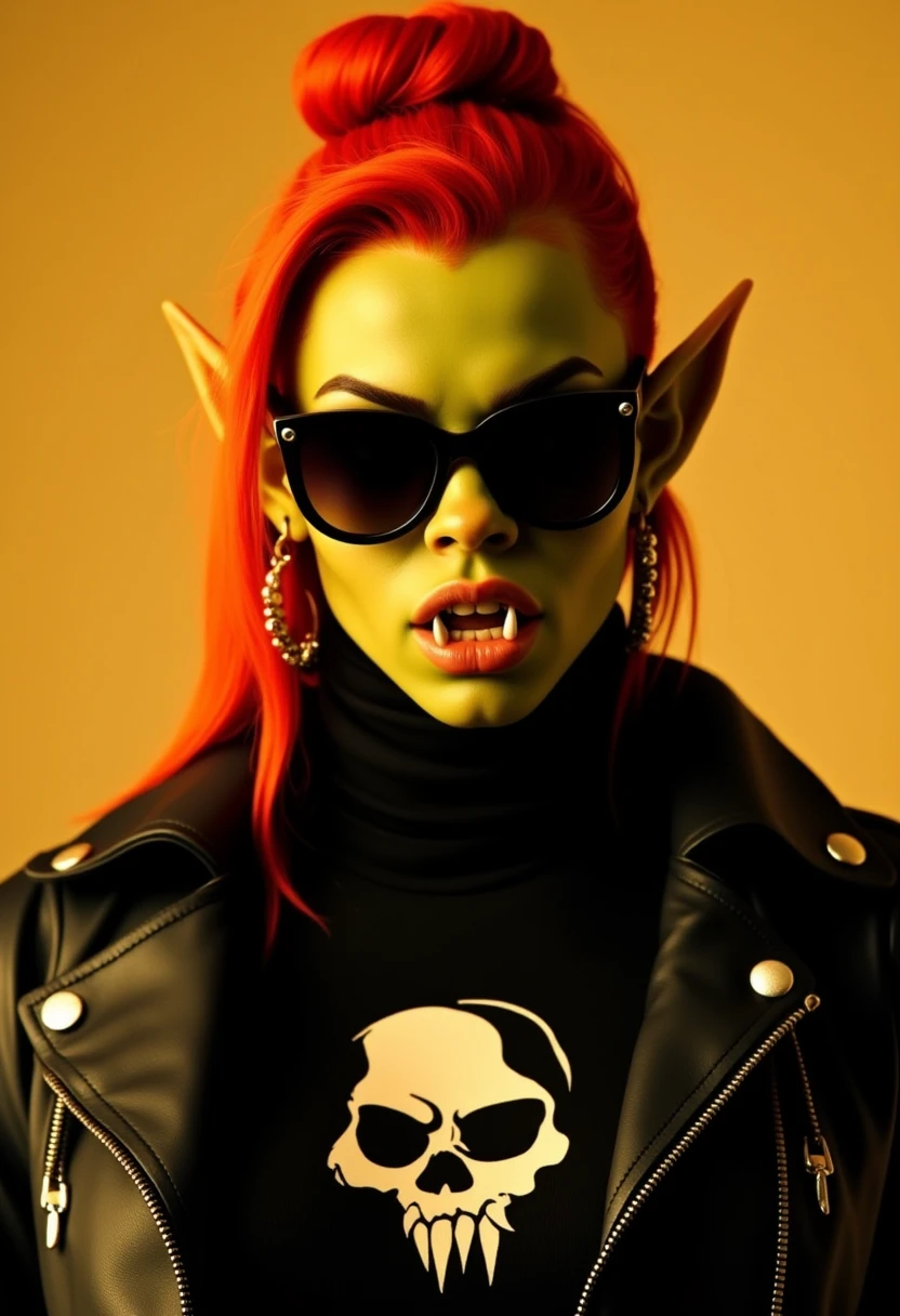 A beautiful and hot female orc exudes a rebellious, rockstar vibe. Her olive-green skin contrasts strikingly with her fiery red-orange hair, styled into a high bun with a loose strand framing her face. She wears sleek sunglasses, adding to her confident, edgy look, with her sharp orc fangs peeking out from her lips. Her pointed orange ears are adorned with studs, enhancing her tough, punk aesthetic. She’s dressed in a black leather jacket, which complements a turtleneck featuring a skull logo. The warm, soft background enhances her bold and stylish presence, making her look both fierce and fashion-forward.