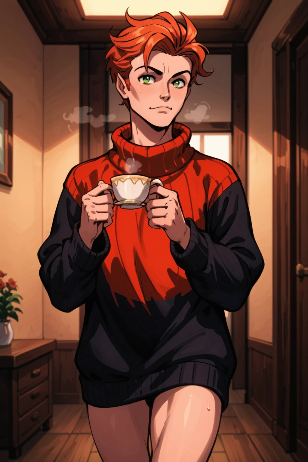 hellstrom, solo male, red hair, green eyes, beautiful face, wearing only oversized sweater, bare legs, holding steaming-teacup, walking through room, <lora:hellstrom:0.7>, (score_9, score_8_up, score_7_up)