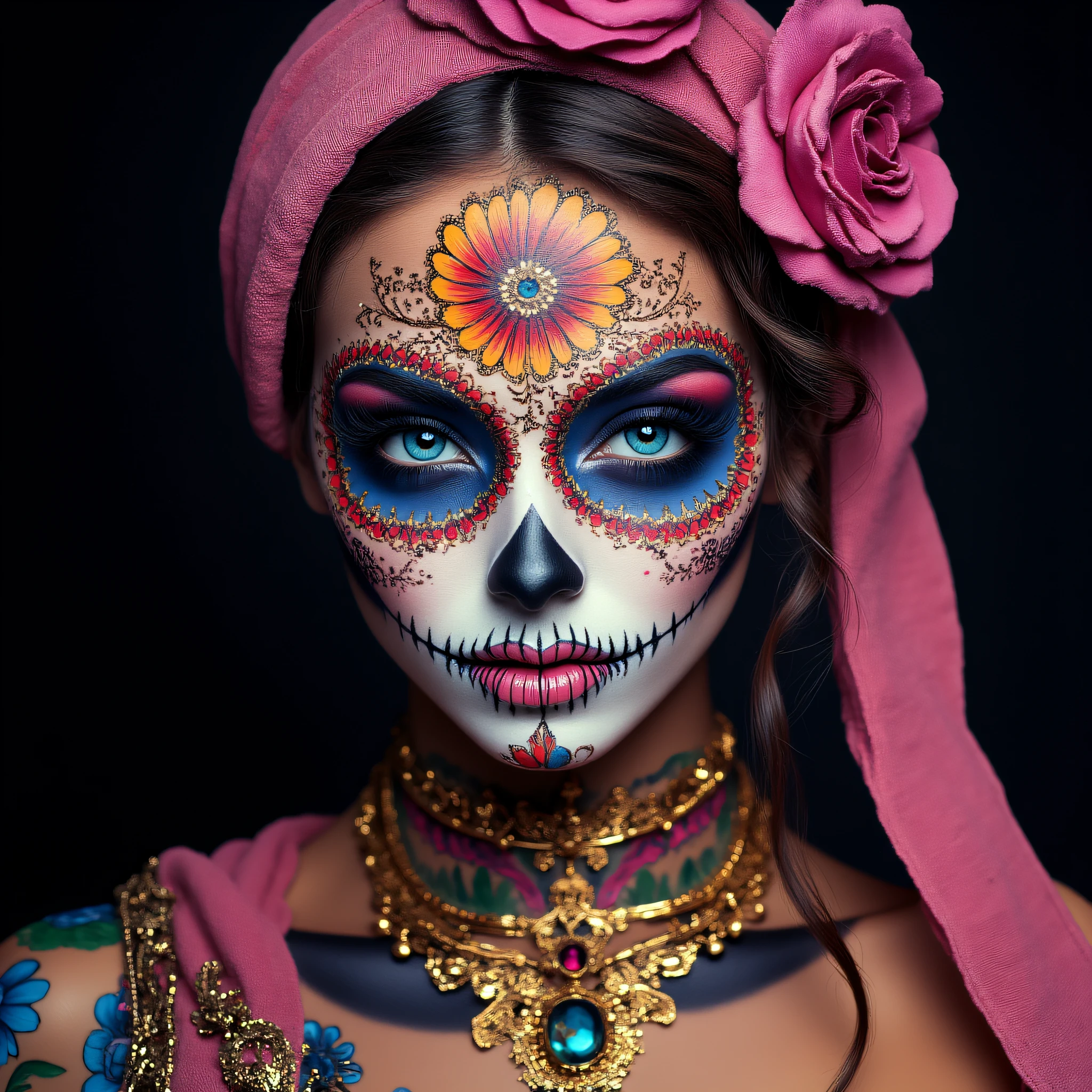 ArsMJStyle, Vibrant Calavera, The image is a close-up portrait of a woman's face specifically the Day of the Dead-inspired makeup. The woman is wearing a pink headscarf with a large flower on top which is tied in a bun. She has blue eyes and is also wearing a gold necklace with a pendant. Her face is painted with intricate sugar skull designs including red orange and yellow flowers and blue eyeliner. The background is black making the colors of the makeup stand out even more. The overall mood of the image is dark and eerie., 1girl, solo, jewelry, blue eyes, necklace, braid, makeup, hat, tattoo, chain