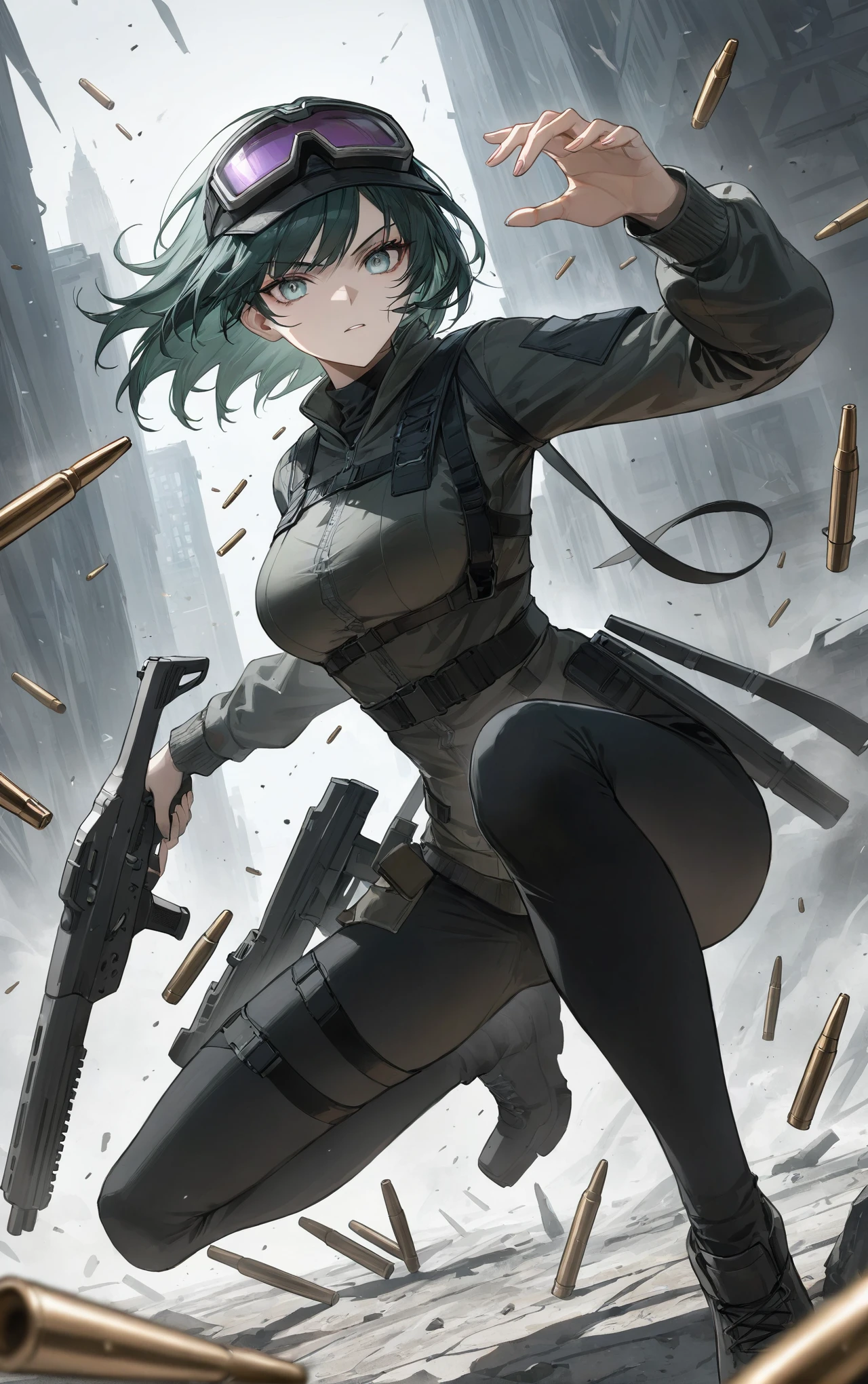 1girl, attack pose, weapon, gun, cool, <lora:Ela_Arknights-000020:0.9>, ailaaa, a hail of bullets,, masterpiece, best quality,