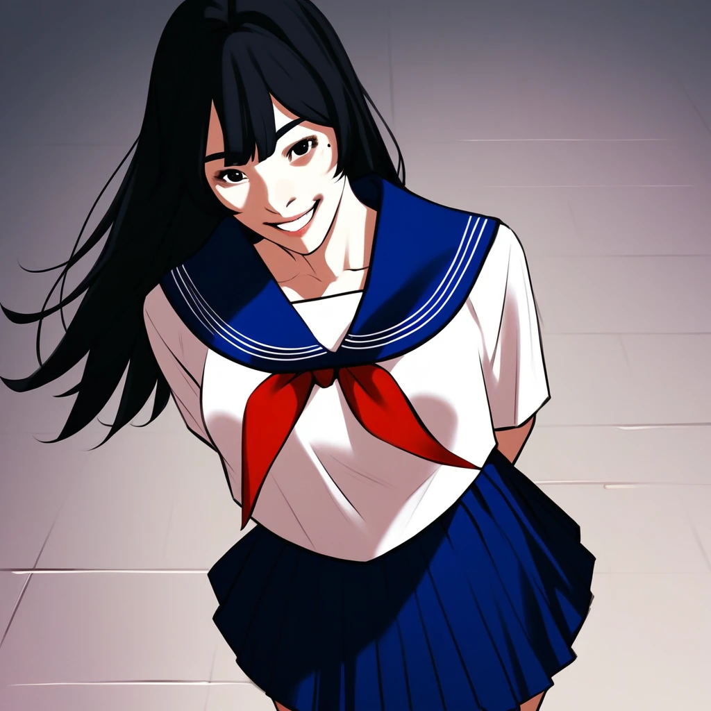 score_9, score_8_up, score_7_up, score_6_up, high res, high quality, dynamic pose, dynamic angle, 1girl, solo, mitsukisoma, black hair, long hair, black eyes, bangs, mole under eye, serafuku, red neckerchief, white shirt, blue skirt, pleated skirt, blue sailor collar, looking at viewer, smile, hands behind back