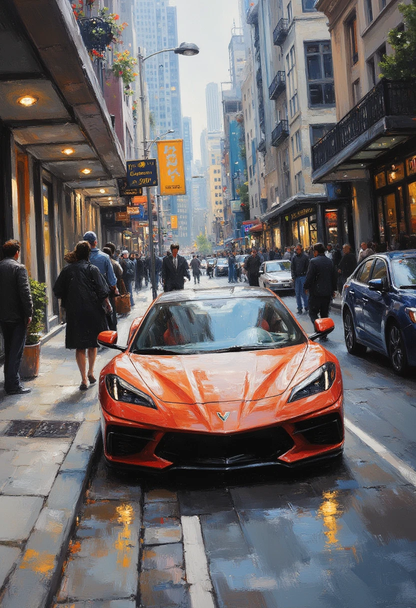 the painterly sportscar on the city street.