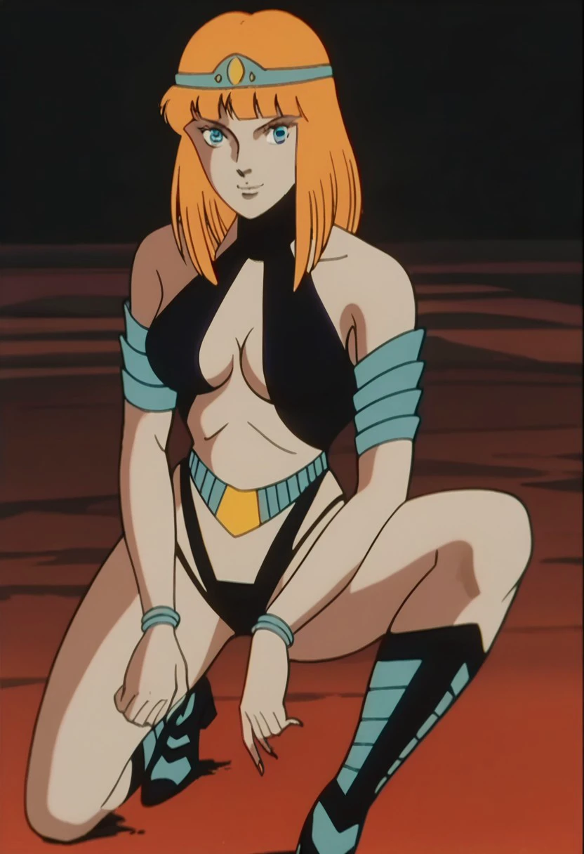 score_9, score_8_up, score_7_up, source_anime, shmnmzg3r, blue eyes, horizontal pupils, black leotard, clothing cutout, high heel boots, knee boots, circlet, armlet, bracelet, belt, halterneck, retro artstyle, 1980s (style), anime screencap