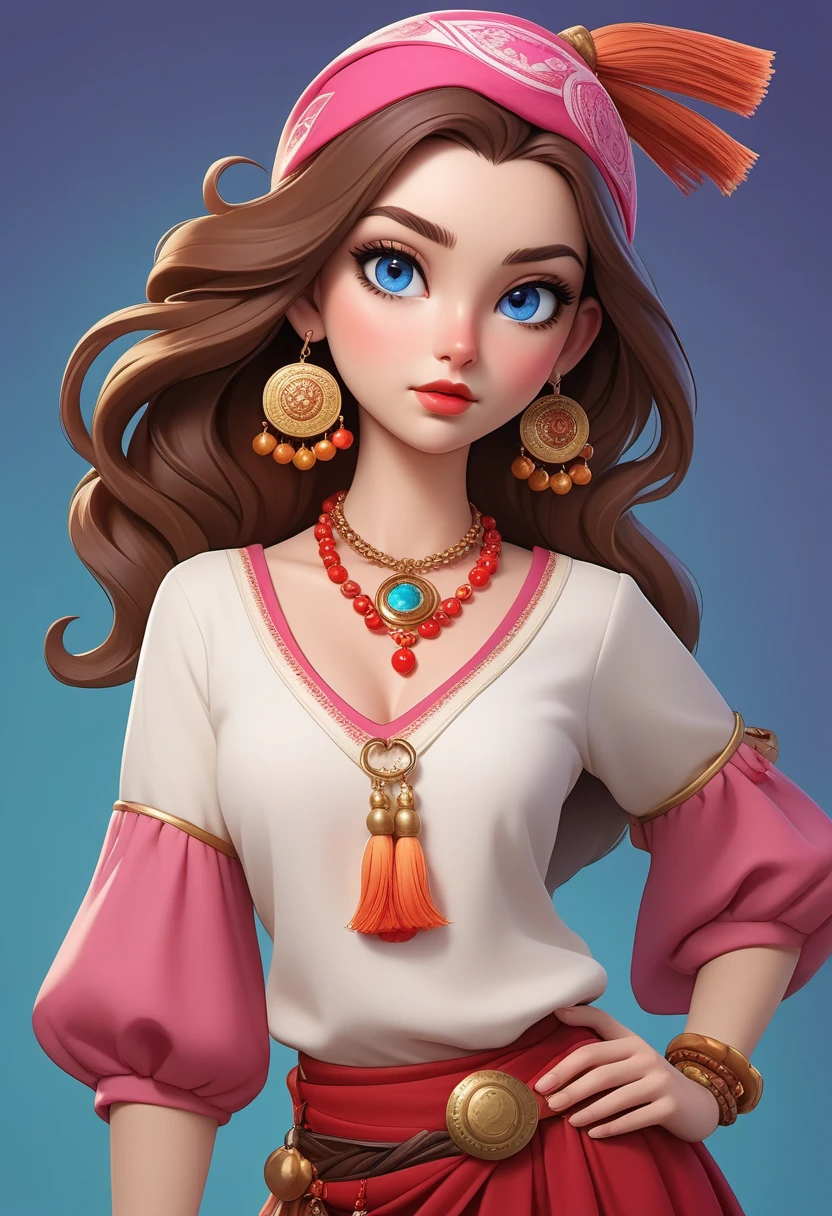 score_9, score_8_up, score_7_up, score_6_up, <lora:mgas:1>, masterpiece, best quality, detailed eyes, detailed face, perfect eyes, high detailed, absurdres, highres, casual game art, mobile game art, merge 3 game art, character design, BREAK 1girl, solo, mature, beautiful, gypsy, fortune-teller, thin, thin waist, blue eyes, brown long hair behind, red lips, makeup, blush, big thick gold hoop earrings, red round beads, white blouse with sleeves up to the elbow without a collar, purple vest with a neckline on the chest, green scarf with orange tassels on the ends are tied at the waist, a long bright pink skirt, brown boots, a red bandana with gold coins around the edge, BREAK right hand on hip, left hand holding a magic pink ball, standing, full body shot, semi-sideways, half-sideways, looking at viewer, BREAK simple background, blue gradient background
