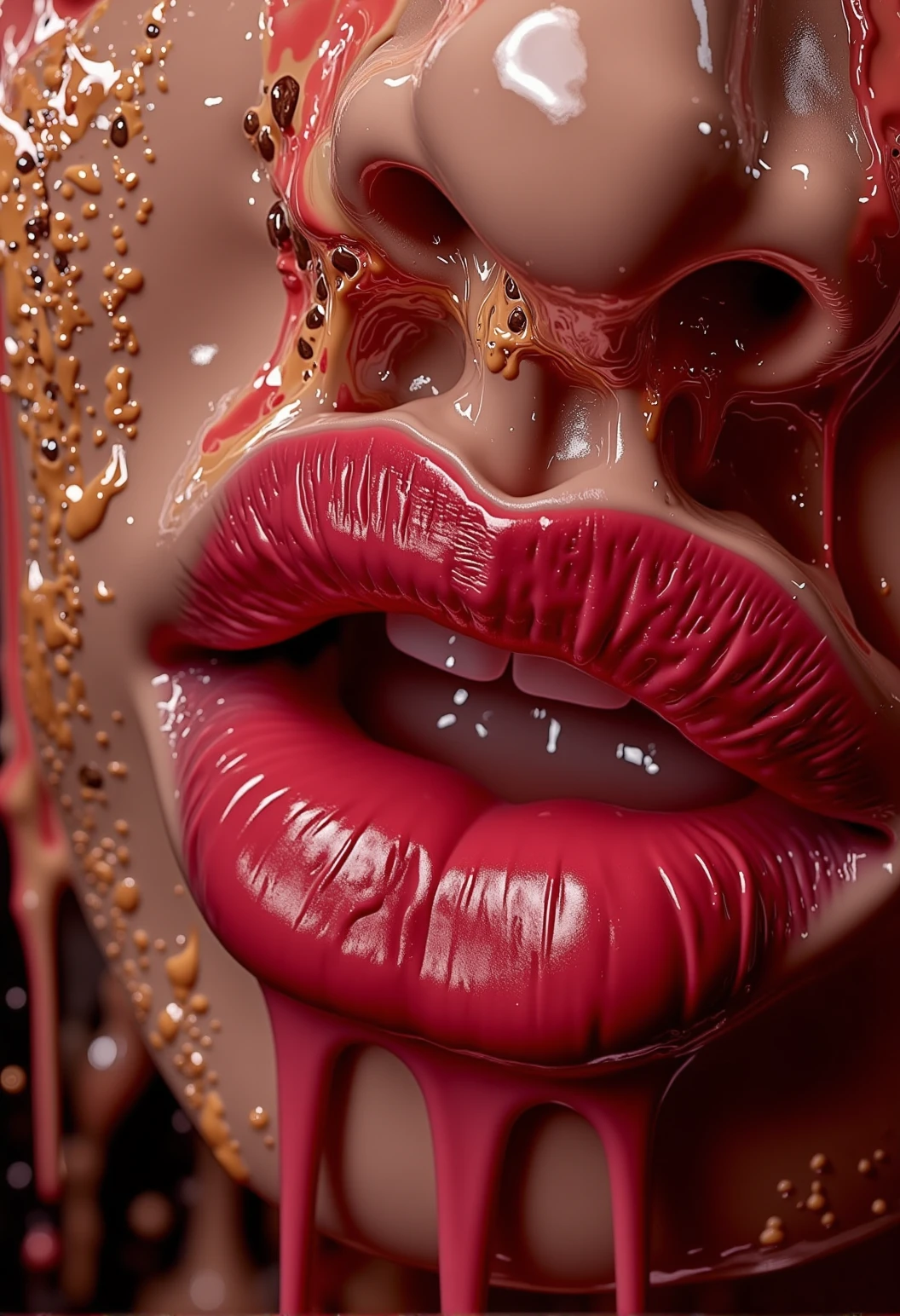 bv-colpaidri. A high-resolution image of a woman's lips, embellished with sparkling paint droplets, the glossiness highlighted by natural ambient light, with subtle reflections enhancing the dripping effect, <lora:bv-colorful-paint-dripping-v1.safetensors:1.0:1.0>