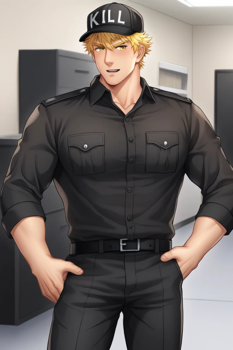 anime coloring, 1man, solo, bara, male focus, KillerTCell, blonde hair, yellow eyes, black military uniform, black belt, pants, cap, office background, 