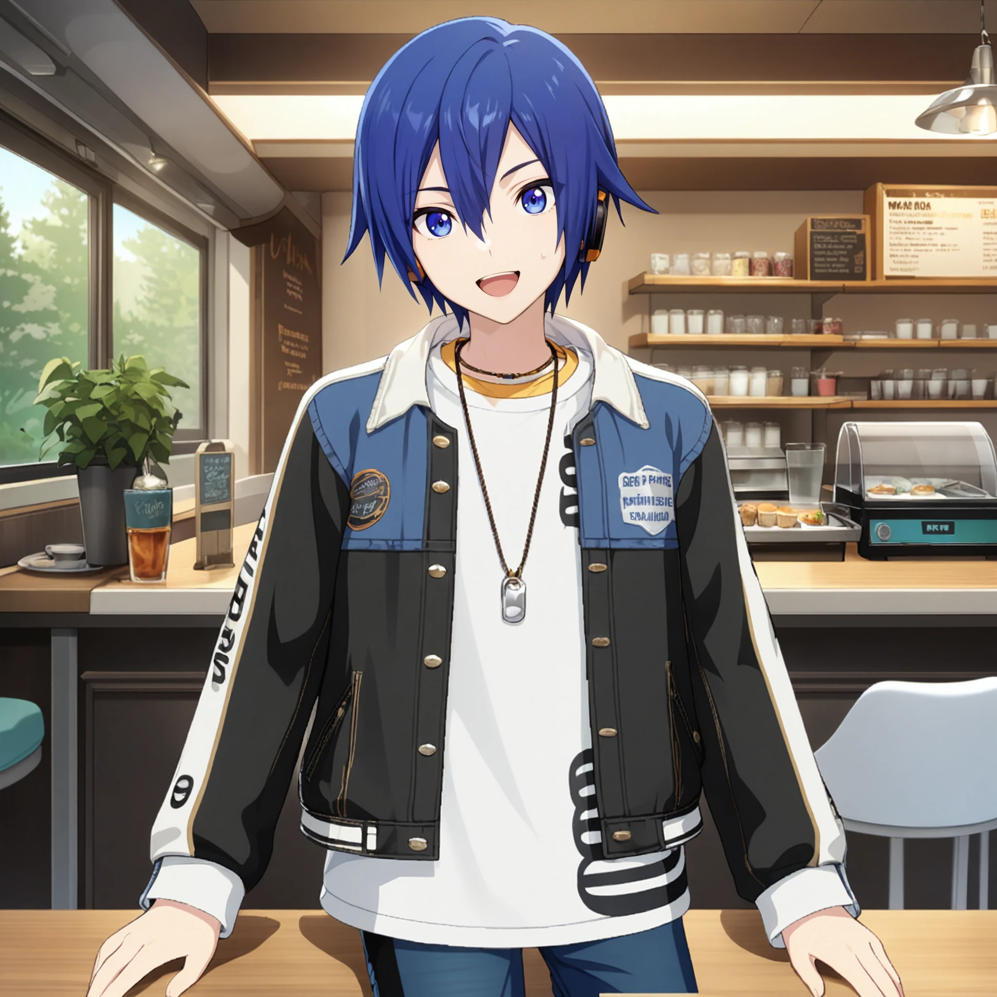 1boy, kaito, vocaloid, masterpiece, very aesthetic, absurdres, official art,
brandnew kaito, solo, blue short hair, blue eyes, smile, open mouth,
(looking at viewer:1.4), eating ice bar, BREAK
sitting on chair, cowboy shot,
blue jacket, jewelry, necklace, black pants, white shirt, open clothes, zipper, long sleeves, buttons, denim, open jacket, headphones, letterman jacket, clothes writing, jeans, pocket, english text, sleeves past wrists, denim jacket, black jacket, 
in cafeteria, cups and saucers, bar counter, large window, trees, table, chair,
<lora:sdxl-vs-BNKaito05:0.8:lbw=0,0,0.2,0.2,0,0.4,0.4,0,0.8,0.8,0,0,0,0.8,0.8,0.6,0.8,0.0,0.0,0.0,0,0,0,0,0,0>