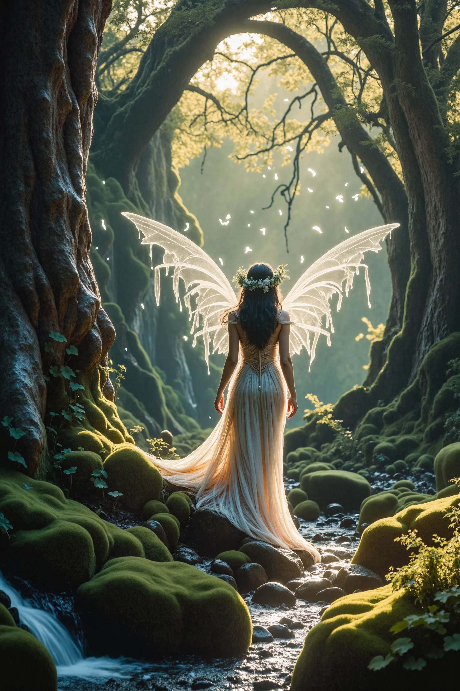 In the midst of a mystical forest, where misty vines entwine ancient trees, an enigmatic being stands, shrouded in a wispy aura that undulates like the gentle lapping of lotus petals. The subject's diaphanous wings, delicate as morning dew, unfurl from their back, while a coronet of dainty blooms adorns their brow. Ethereal mists swirl around them, shimmering and dancing in the soft, golden light that filters through the fog. As the luminescence casts an otherworldly glow, the being's form remains elusive, yet tantalizingly near, surrounded by nature's whispers: leaves rustling, birds singing, and a distant waterfall's gentle song.