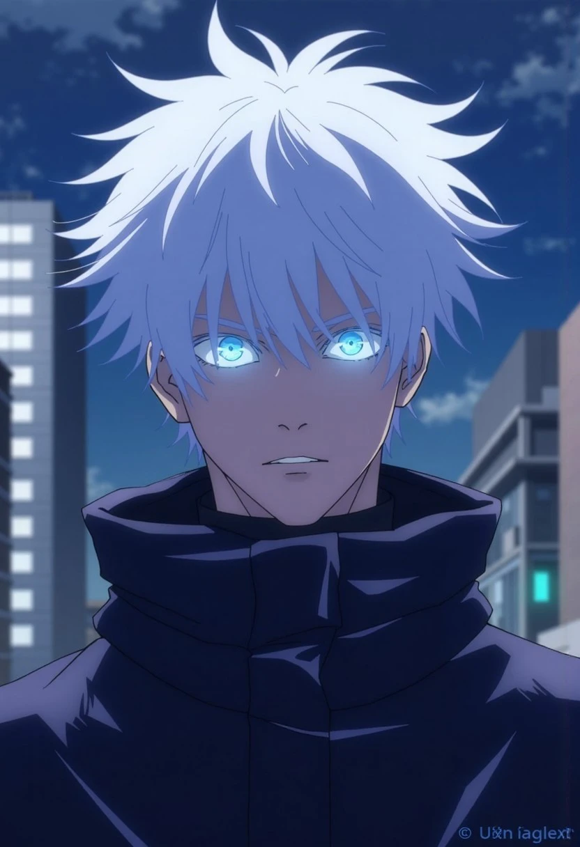 This is a digital illustration in an anime style, featuring a male character with an intense and focused expression. He has an androgynous appearance with pale skin and striking, strikingly bright blue eyes that stand out vividly against his white hair, which is tousled and somewhat messy. The boy's hair is styled in a chaotic, voluminous manner, giving him a youthful, anime aesthetic. His eyes are the primary focal point, with an otherworldly glow, adding a dramatic effect to his gaze. he is with blue and black spiderman clothes stand on top of the city AT NIGHT in tokyo, HE IS TALL AND HE HAS SERIOUS LOOKS, HIGH DETAIL High dynamic range, rich details, clear shadows and highlights, enhanced contrast, best rendering, best color correction, stunning and breathtaking, masterpiece, FULL BODY, BEST EYES DETAIL, CINEMATIC DARK LIGHT, HIGHLY DETAIL eyes,  UPSCALE, high focused, High quality, Ultra resolution EYES, dark cinematic effect light, hyper upscale detail. The overall ambiance is cinematic and poster-worthy, making it perfect for a movie or game promotion., 3d render, poster, cinematic, illustration