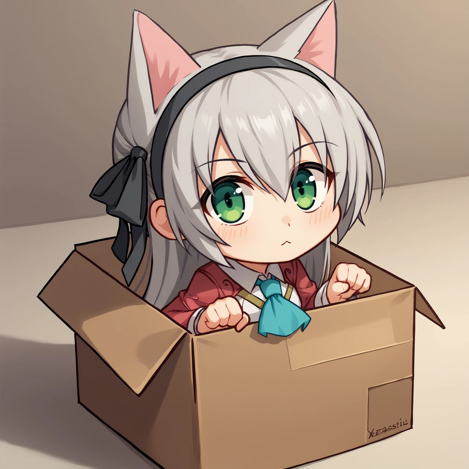 b0xe,in box,chibi,cardboard box, solo,
score_9, score_7_up,
cat ears, paw pose, looking at viewer, 
zeroelie, grey hair, long hair, green eyes, black hairband, hair ribbon, black ribbon, red shrug top, blue ascot, white dress, yellow belt, skirt, thighs,
<lora:elie-pdxl-nvwls-v2:0.9>  
doorstep,<lora:chibi_box_b0xe_v2.1:0.9>