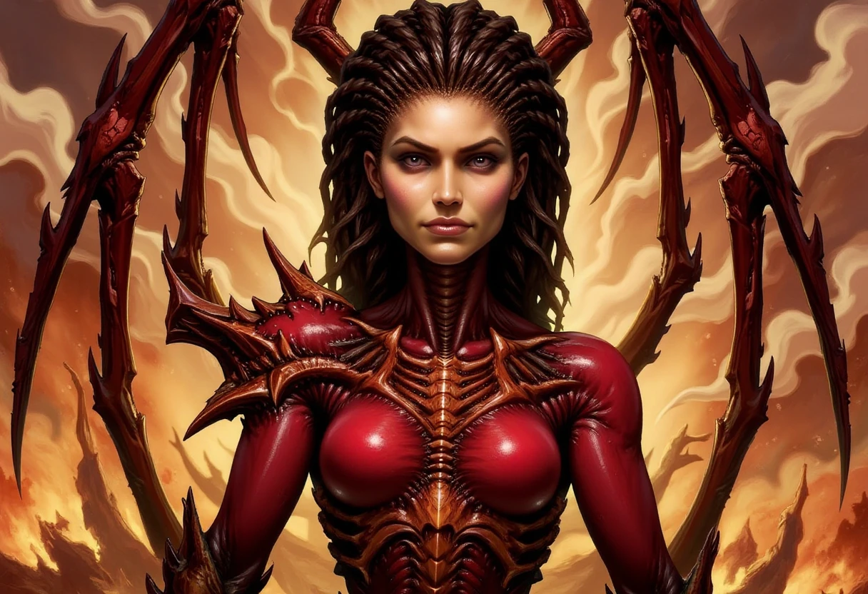 sqob The image depicts a highly detailed and fantastical female woman character with a striking and intense appearance. The female woman character has a humanoid form with a muscular, almost skeletal structure, adorned with red, jagged, and spiky armor that resembles scales or tentacles. The armor is intricately designed, with red and black hues that contrast sharply against the fiery background. The characters face is partially obscured by the armor, but it appears to be of a woman with dark, almost black hair styled in a braided manner. The background is a chaotic mix of flames and smoke, suggesting a fiery and intense environment. The overall effect is one of power, danger, and a sense of foreboding. The female woman figure has medium size breasts and larg wings from her shoulder starting and protecting her.  The Woman seems to be naked but covered with flesh, blood and alien skin tightly on her body to show her sexy body. Standing in a hero pose. Starcraft