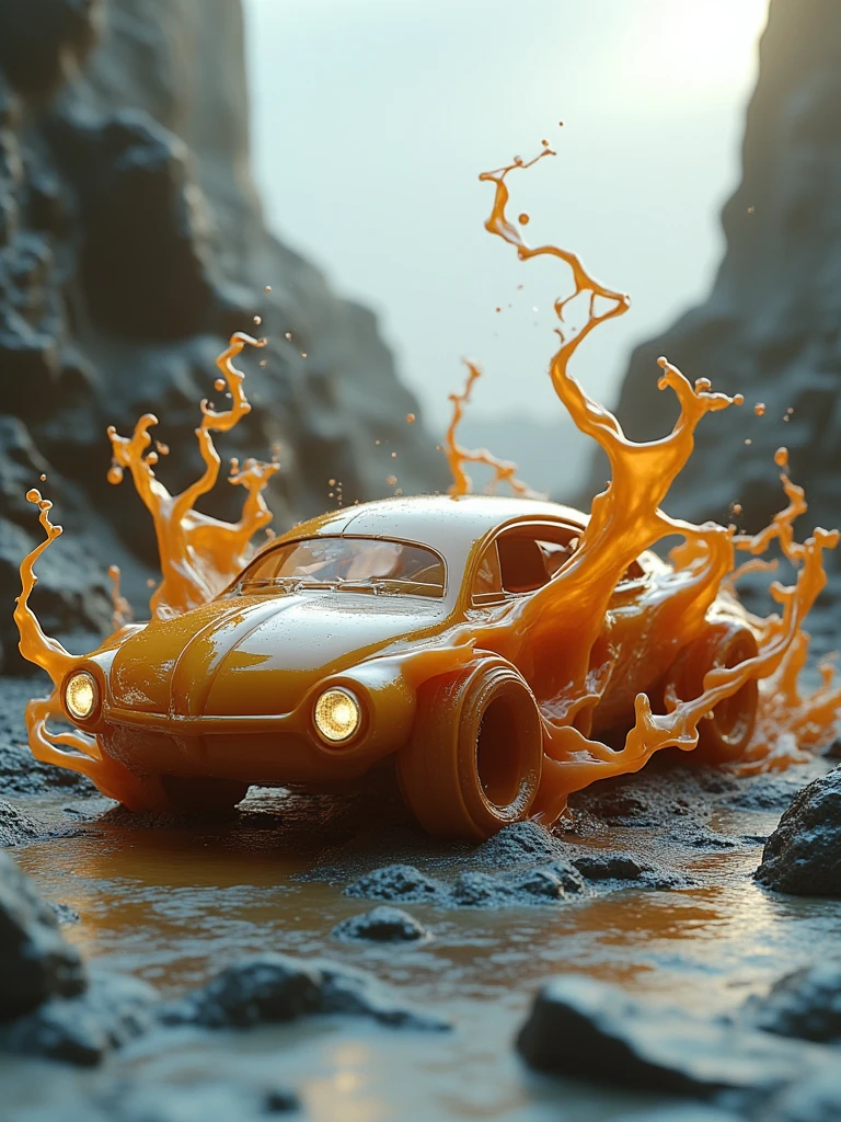 a car made of scream_fluid on street,running