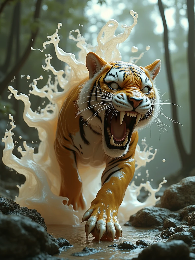 a tiger made out of scream_fluid,Rushing towards prey,in forest