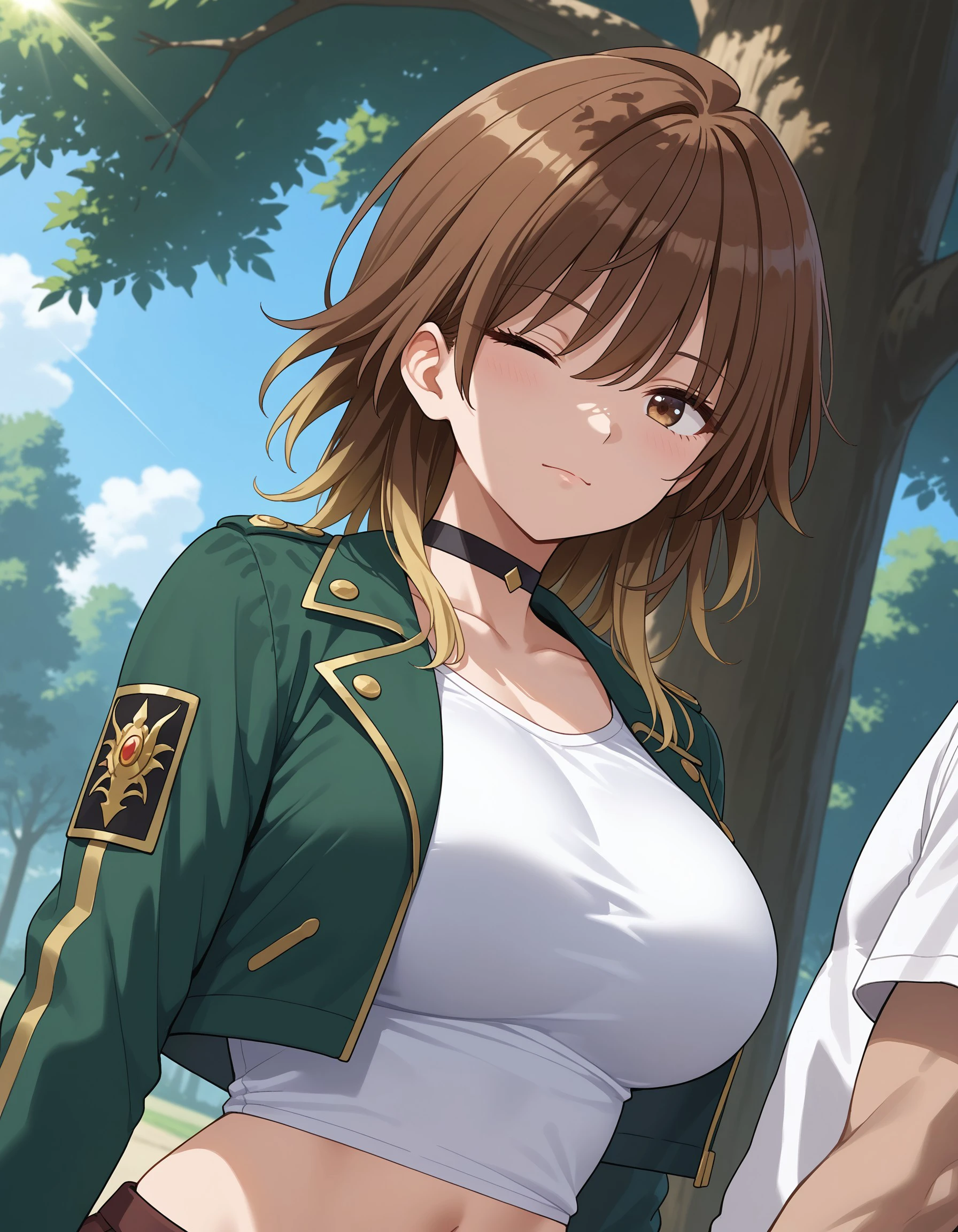 (masterpiece), best quality, expressive eyes, perfect face, jacket, green jacket, choker, one eye closed, midriff, outdoors, breasts, navel, shirt, crop top, dutch angle, sunlight, tree, upper body, solo focus, black choker, collarbone, white shirt, large breasts, 1boy, mikoto_a,(( brown hair)), blonde hair, gradient hair, <lora:a58935a3-cff9-45f9-bf93-79ed7ce8f038:0.7>