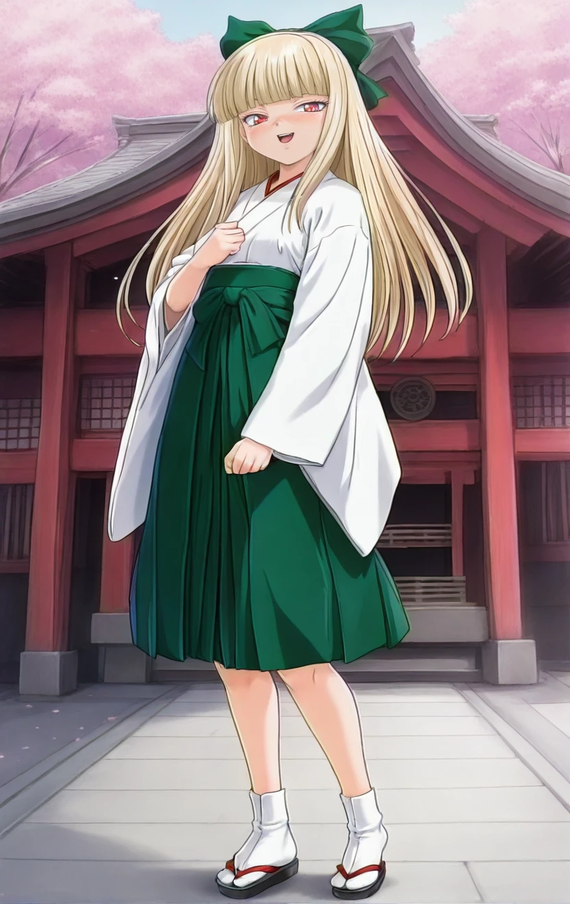 1girl,general,asbotsenkimari ,solo ,1990s \(style\),blonde hair,red eyes,blunt bangs,hair bow,long hair,outdoors,miko,standing,,
shrine,cherry blossoms,spring ,naughty face  ,,open mouth  ,blush ,full body ,looking at viewer ,  ,best quality,masterpiece,newest,<lora:AsobotSenkiMarieIllustrious:1>