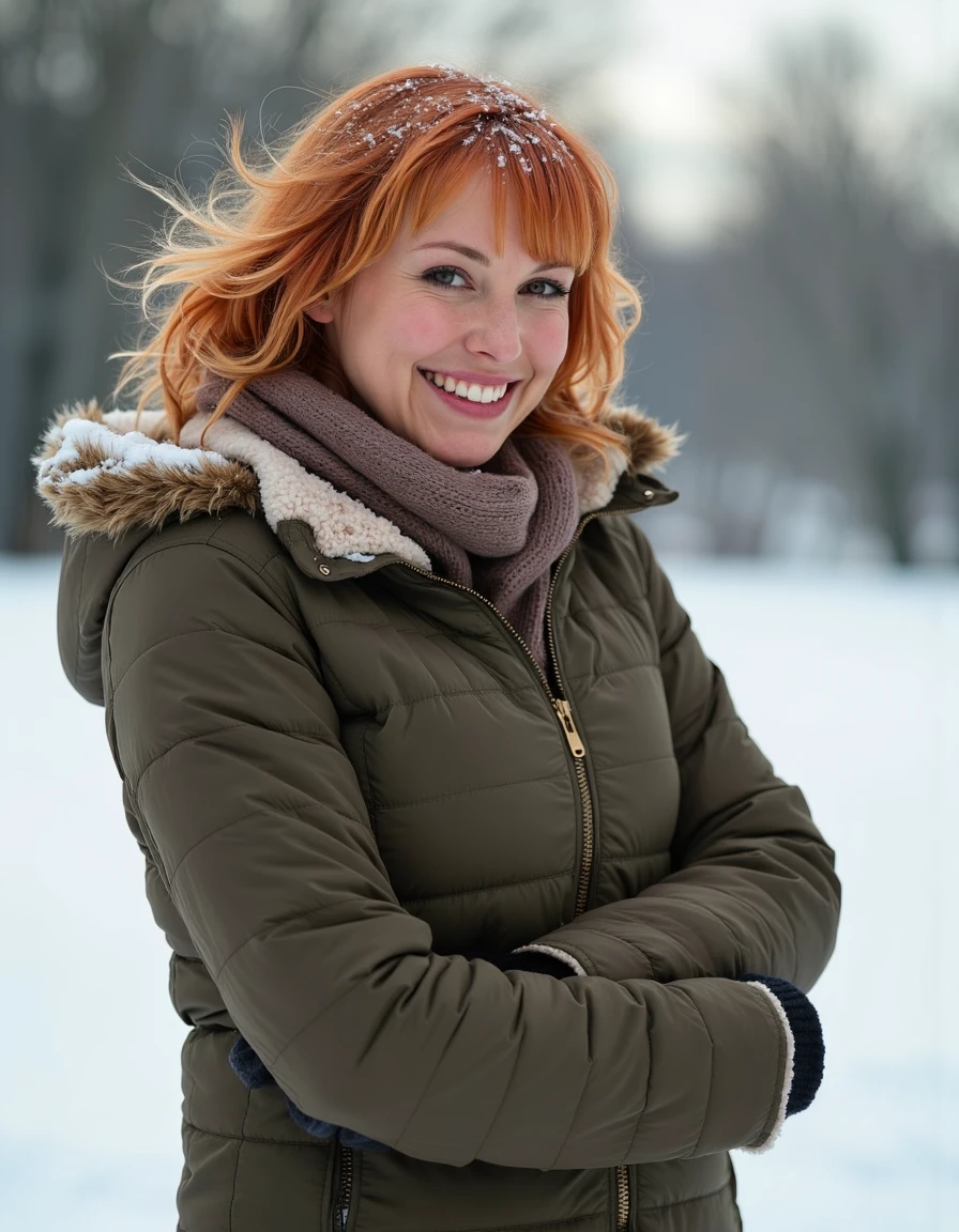 <lora:Karibyronflux1a-000001:1> fair skin and shoulder-length, wavy, strawberry blonde hair. wearing winter clothes thick jacket, sweater and scarf, snow is accumulating on her hair, shoulders and clothes, Dynamic pose, at Dawn,