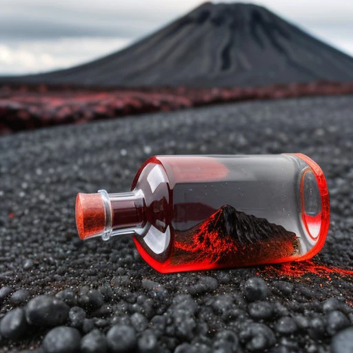 laying on its side transparent red bottle on stony ground, background lava spewing vulcano, dark art, <lora:EmptyGlassBottleConcept:0.7>