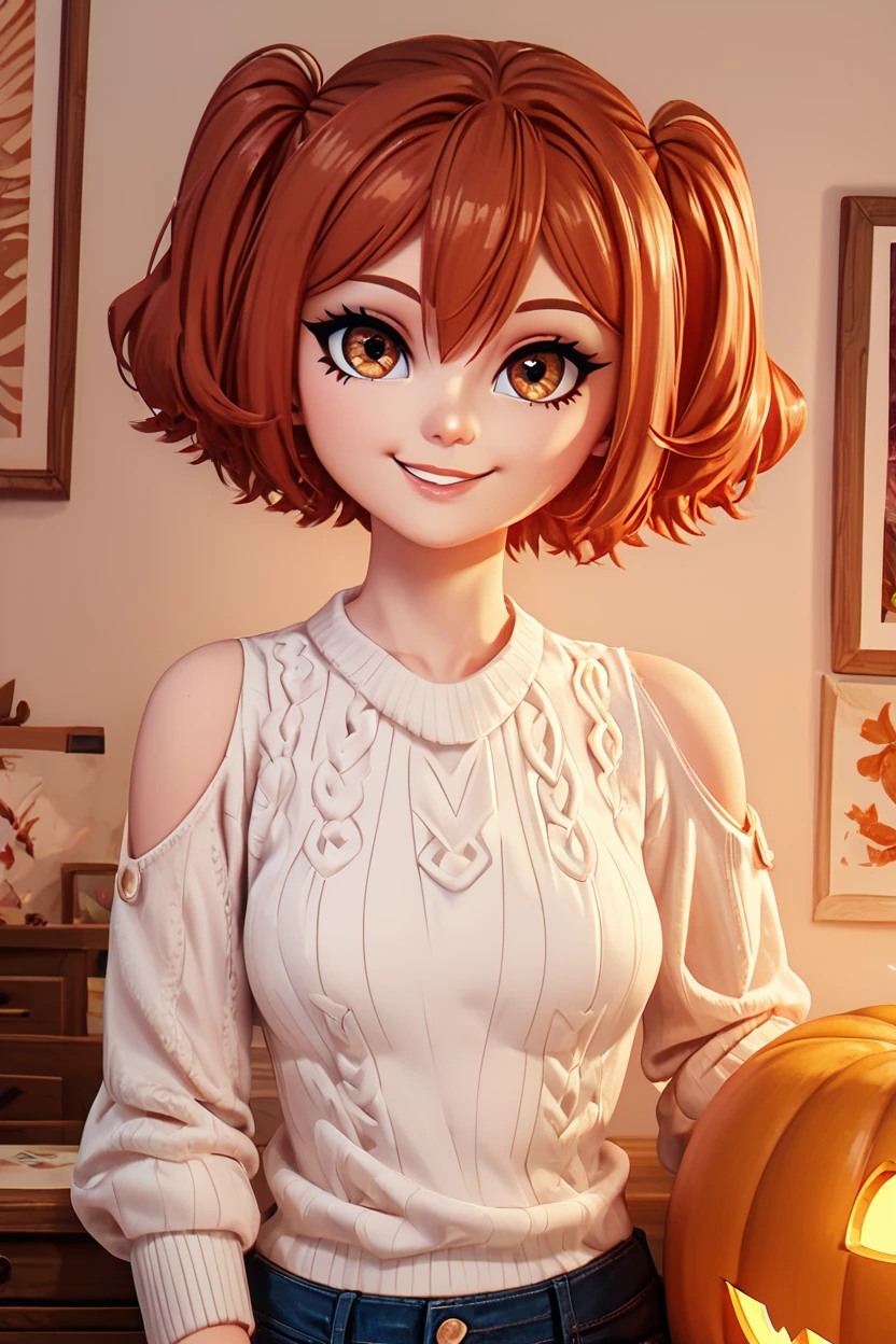 score_9, score_8_up, score_8, medium breasts, (curvy), cute, eyelashes,  BREAK, ,,, zzKanne, short hair, brown hair, twintails, brown eyes,  <lora:KanneFrieren_PDXL_v2:0.8>, ,,, 1girl, solo, closed mouth, pants, holding pumpkin, indoors, sweater, lips, makeup, upper body, white sweater,  indoors, warm colors, cozy,  BREAK, smile, looking at viewer,   embedding:zPDXL, Expressiveh,  <lora:BeautifulCAT_PDXL:0.8>, <lora:SDXLFaeTastic2400:0.5>,  <lora:Expressive_H-000001:0.4>,