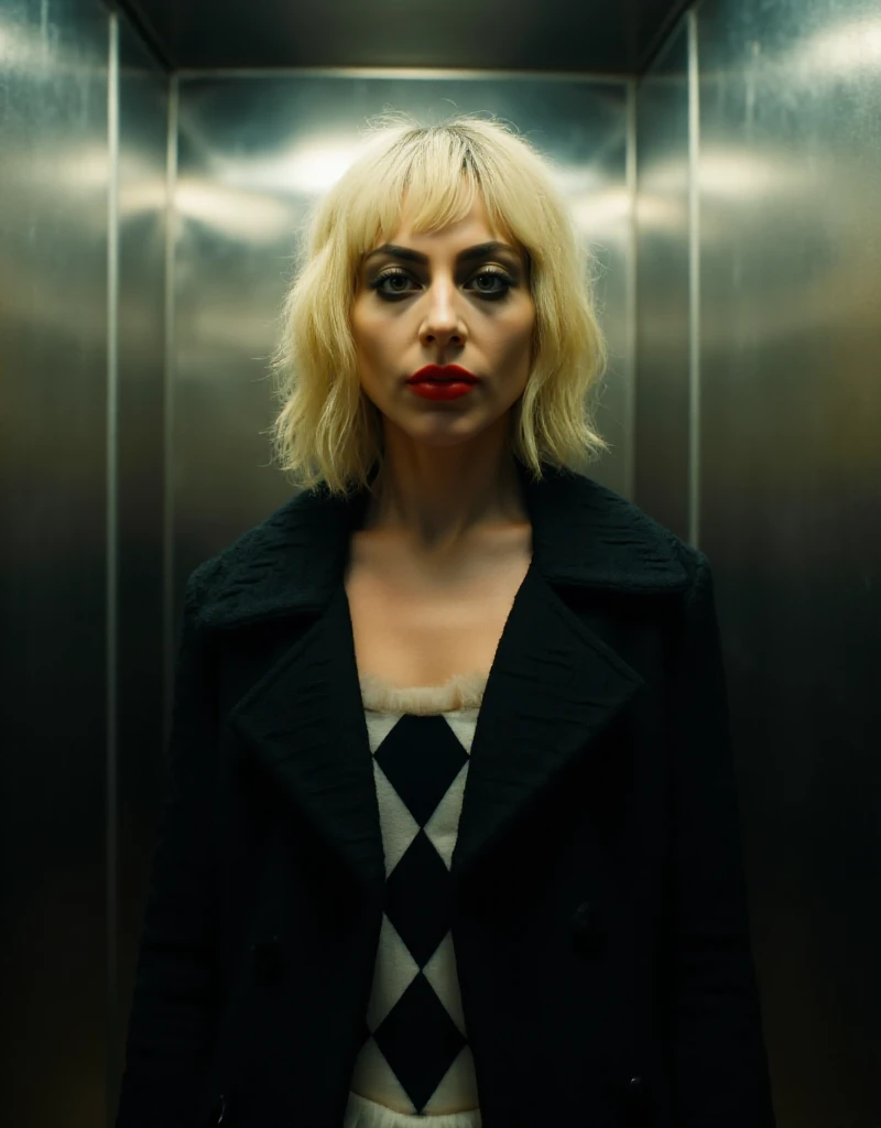 full body view of Quinn is a blonde woman with makeup and red lips, black jacket, she is in a lift  <lora:Quinn:0.9>