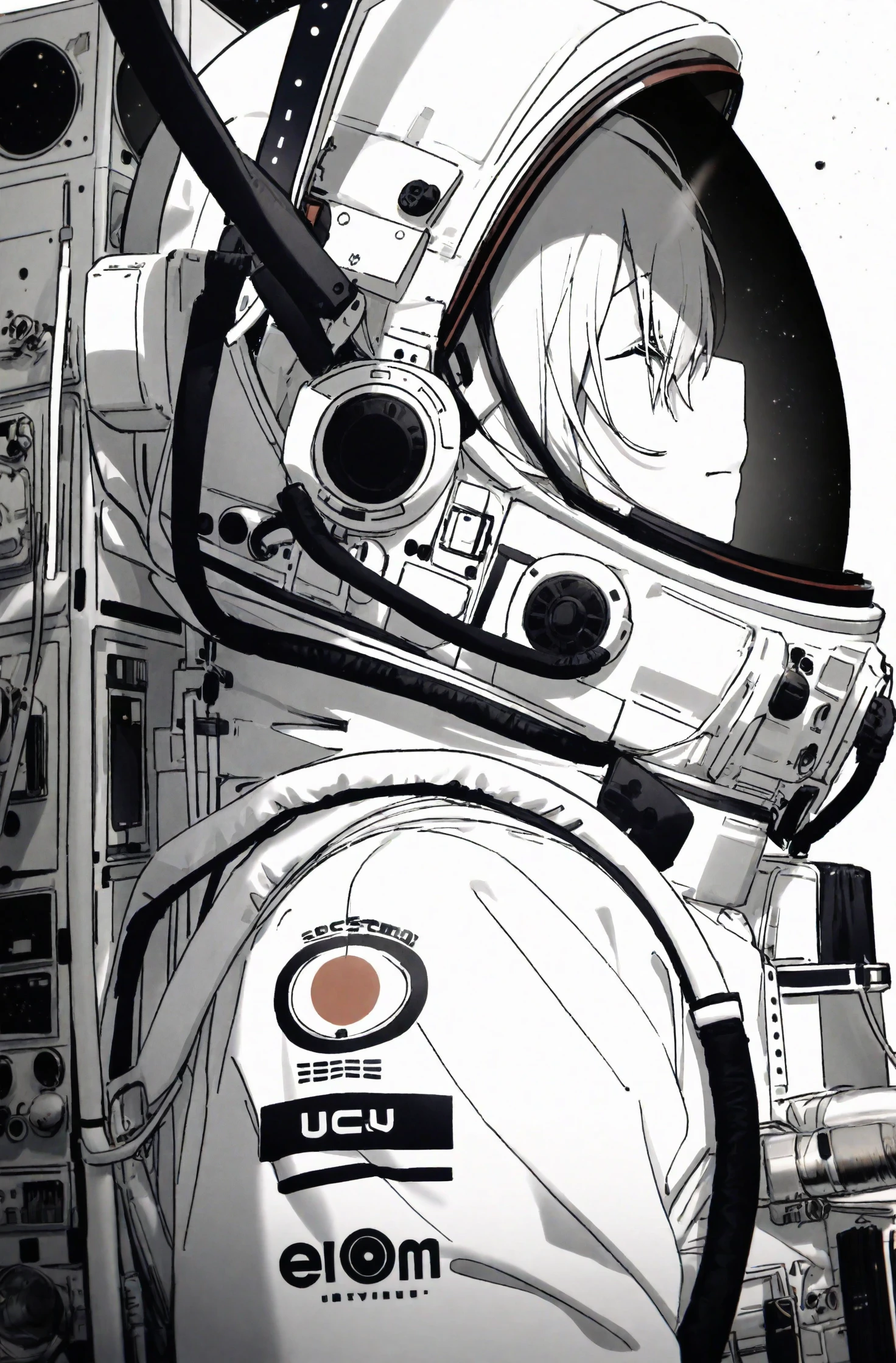 masterpiece, best quality, illustration, konya karasue, 1girl, astronaut, helmet, space helmet, spacesuit, solo, from side, closed eyes, upper body, monochrome, hatsune miku, space