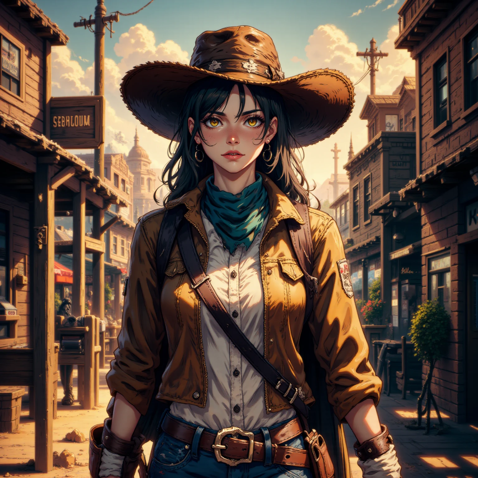 <lora:animemixx_rank16_bf16:1> A confident cowgirl in a close-up, half-body view, standing tall in the center of a typical Western town. She wears a wide-brimmed cowboy hat, tilted slightly to one side, casting a shadow over her face. Her expression is serious, with her hand resting on the grip of her revolver. The sunlight highlights the detailed textures of her rugged leather jacket, and her holster is visible at her waist. The wooden saloons and dusty streets of the town are blurred in the background, with warm, vivid colors and deep shadows enhancing the atmosphere, creating a richly detailed Western scene.